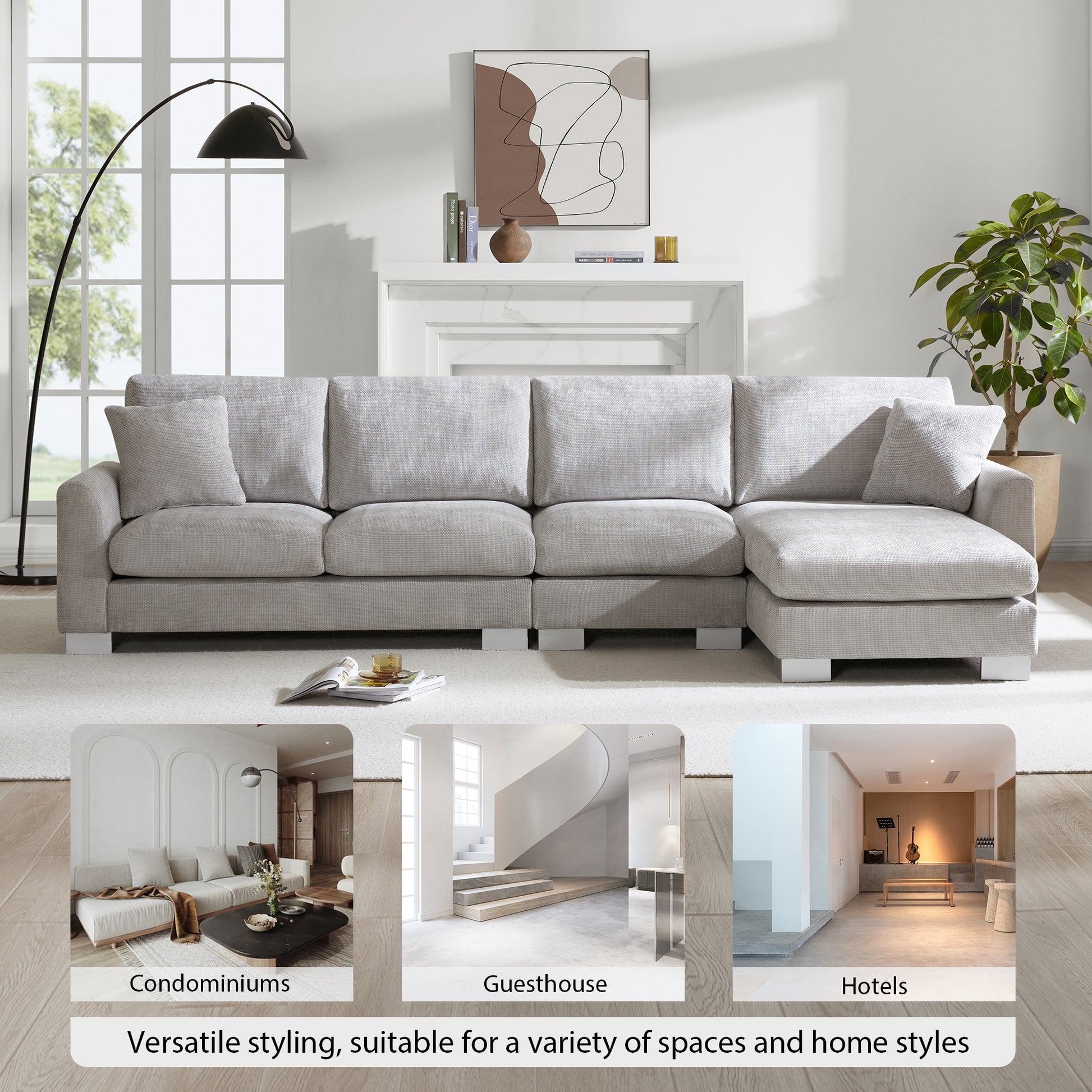 119*55" Modern Oversized Sectional Sofa,L Shaped Luxury Couch Set With 2 Free Pillows,5 Seat Chenille Indoor Furniture With Chaise For Living Room,Apartment,Office,2 Colors Light Gray Chenille 5 Seat
