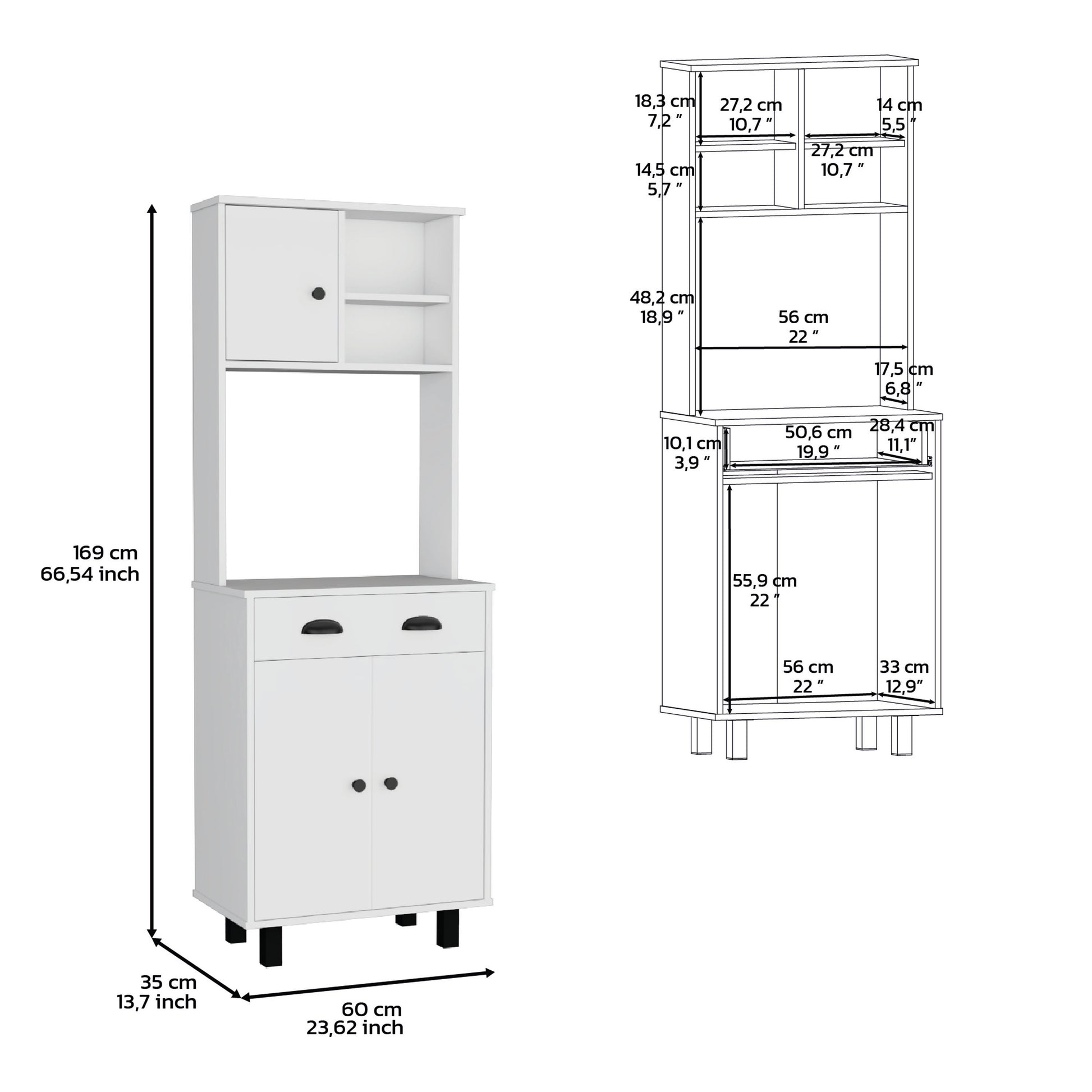 Depot E Shop Waco 67" H Kitchen Pantry With Two Cabinets, Two Open Shelves, And One Drawer,White White Particle Board Pine