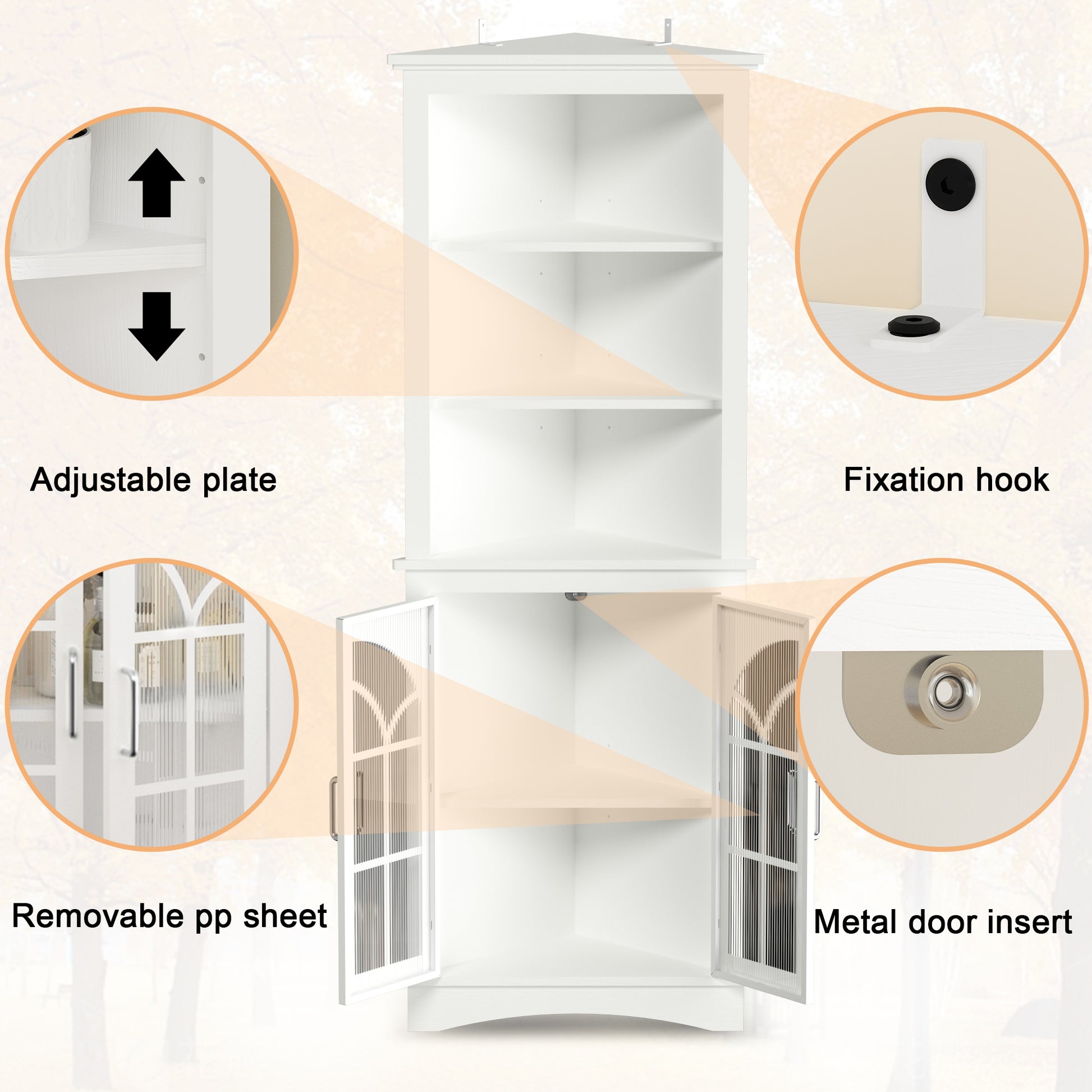 Corner Storage Cabinet, 63.3" Tall Freestanding Bookcase With Doors & Adjustable Shelves, 5 Tier Corner Display Cabinet For Living Room, Office, Dining Room, White White Adjustable Shelves Mdf Metal