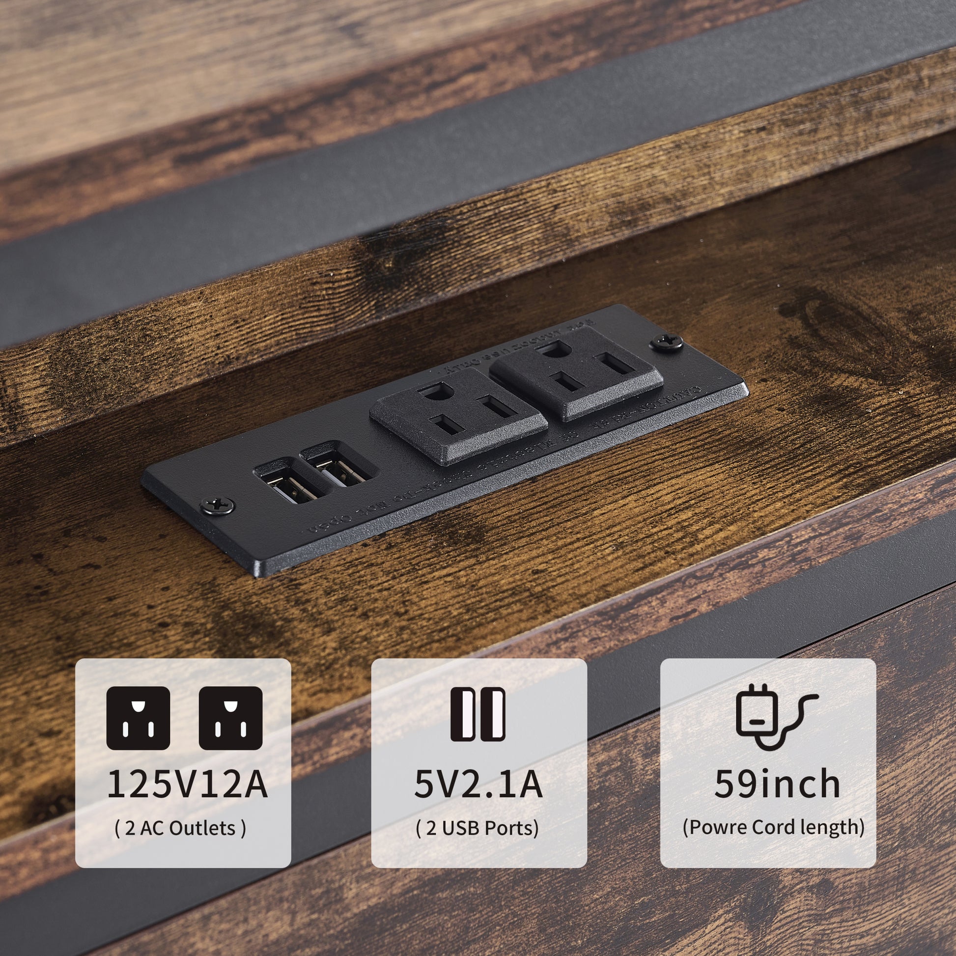 Queen Size Bed Frame With Storage Headboard And 2 Drawers, Led Lights Bed With Charging Station, Metal Platform Bed No Noise, Mattress Foundation Strong Metal Slats Support No Box Spring Needed Box Spring Not Required Queen Antique Brown Iron Brown