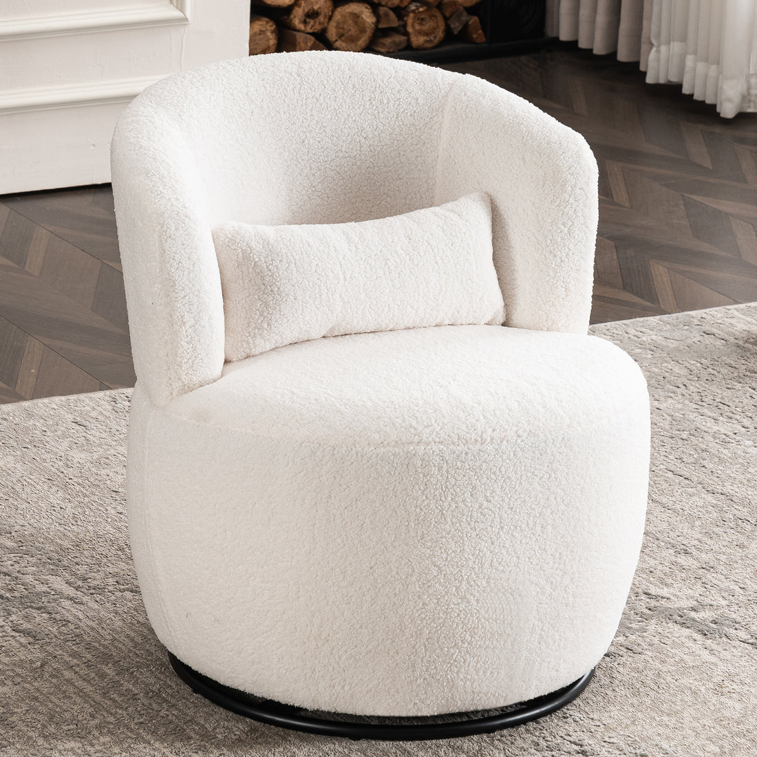White Plush Swivel Accent Chair Contemporary Round Armchair With 360 Rotation And Metal Base For Living Room Elegance White Teddy Teddy