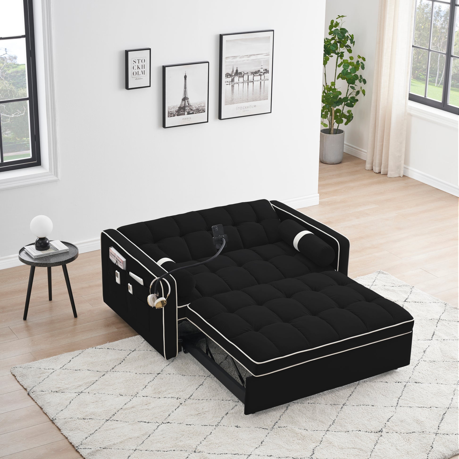 Sleeper Sofa Couch W Pull Out Bed, 55" Modern Velvet Convertible Sleeper Sofa Bed, Small Beautiful Seat Sofa Bed W Pillows & Side Pockets For Small Space, Living Room, Apartment,Black Black Velvet 2 Seat