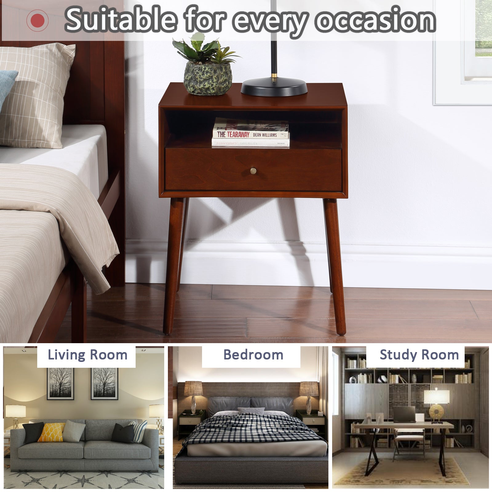 Wood Nightstand With 1 Drawer, Bedside Table With Open Storage Shelf And Solid Wood Legs, Bed Side Table For Bedroom, End Tables For Living Room,Small Side End Table With Storage, Dark Walnut Walnut 1 Drawer Rubber Wood