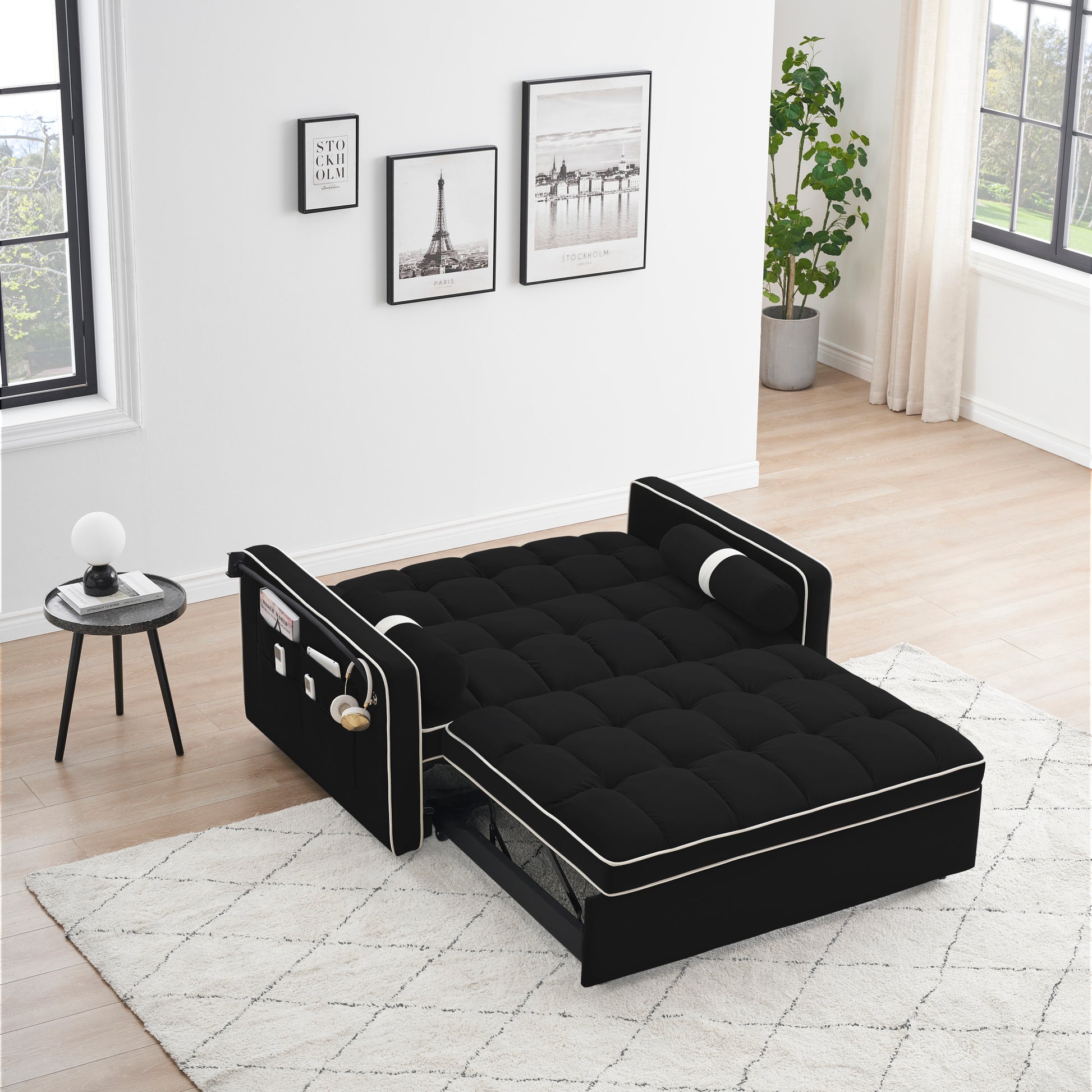 Sleeper Sofa Couch W Pull Out Bed, 55" Modern Velvet Convertible Sleeper Sofa Bed, Small Beautiful Seat Sofa Bed W Pillows & Side Pockets For Small Space, Living Room, Apartment,Black Black Velvet 2 Seat