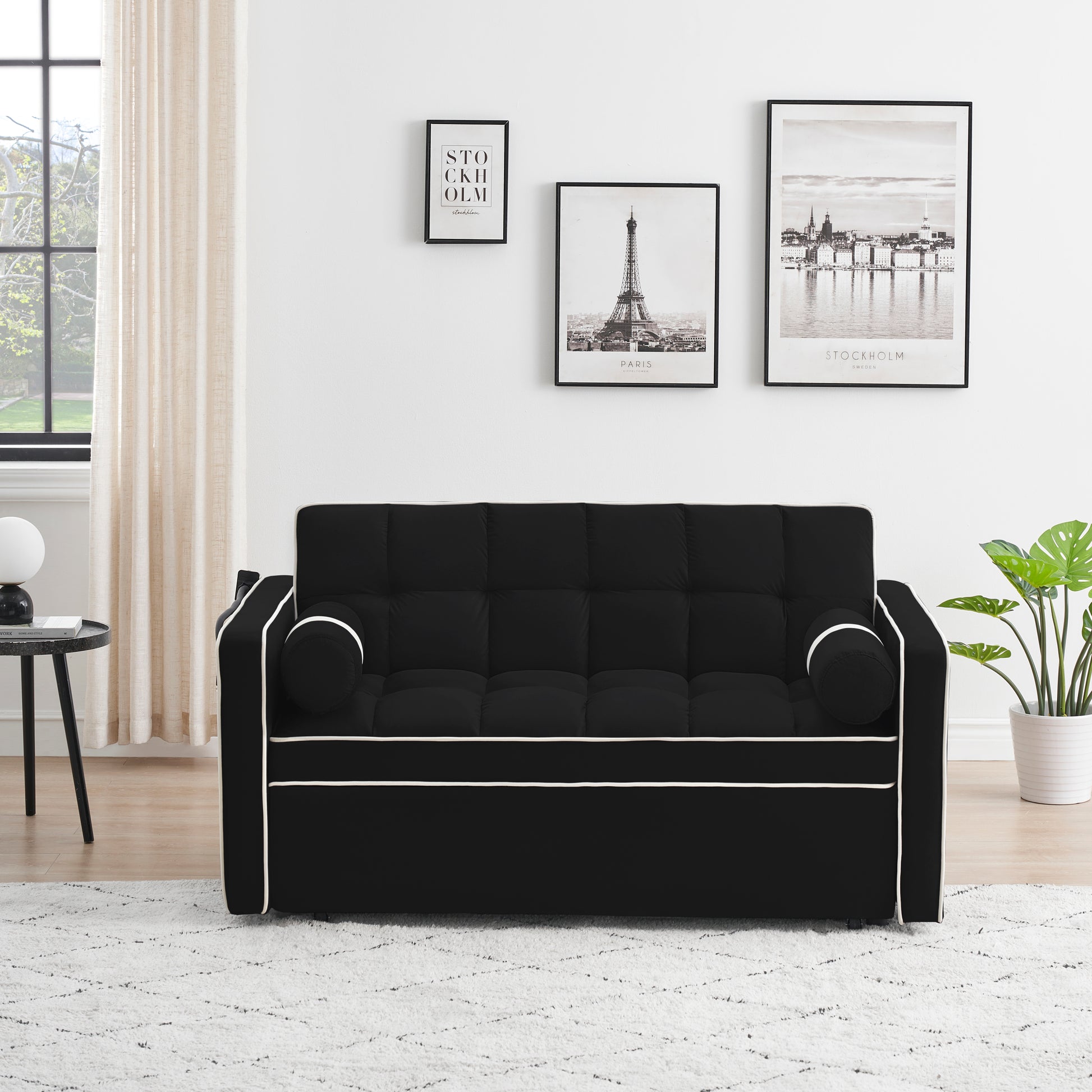 Sleeper Sofa Couch W Pull Out Bed, 55" Modern Velvet Convertible Sleeper Sofa Bed, Small Beautiful Seat Sofa Bed W Pillows & Side Pockets For Small Space, Living Room, Apartment,Black Black Velvet 2 Seat