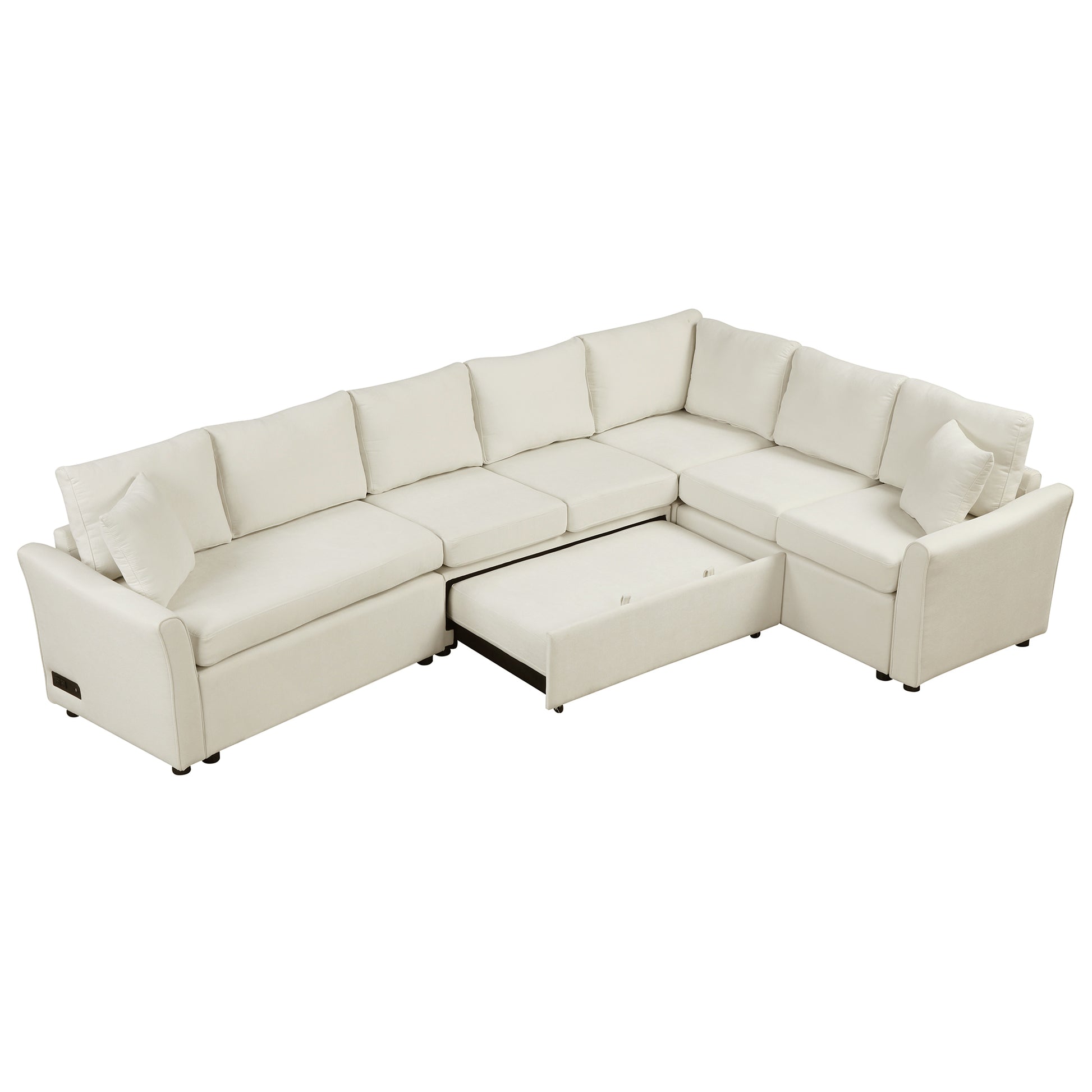 124.8"L Shaped Sofa Convertible Sofa Bed Pull Out Sofa Sleeper With Two Back Pillows, Two Usb Ports And Two Power Sockets For Living Room, Beige Old Sku:Sg000890Aaa Beige Foam Chenille 6 Seat