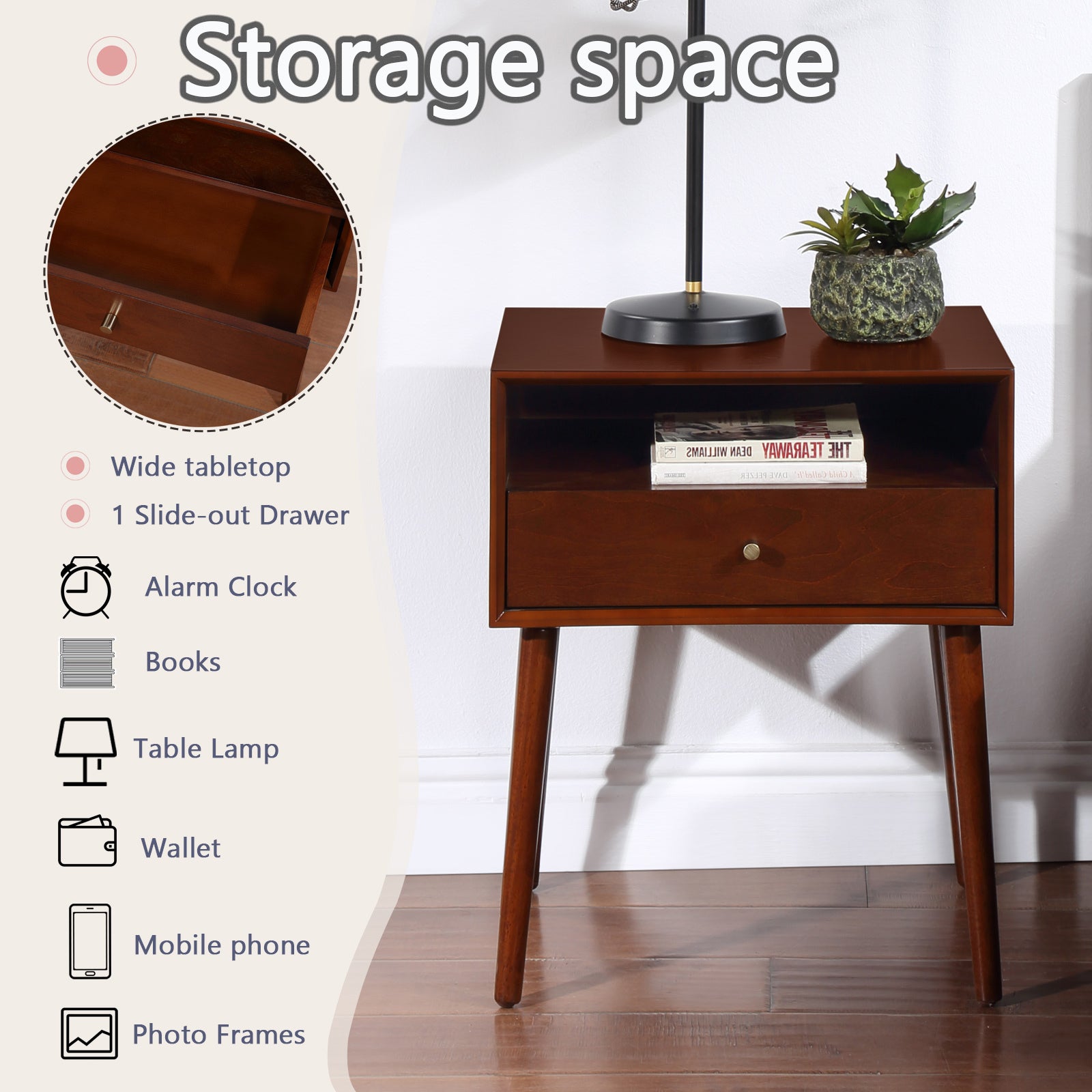 Wood Nightstand With 1 Drawer, Bedside Table With Open Storage Shelf And Solid Wood Legs, Bed Side Table For Bedroom, End Tables For Living Room,Small Side End Table With Storage, Dark Walnut Walnut 1 Drawer Rubber Wood