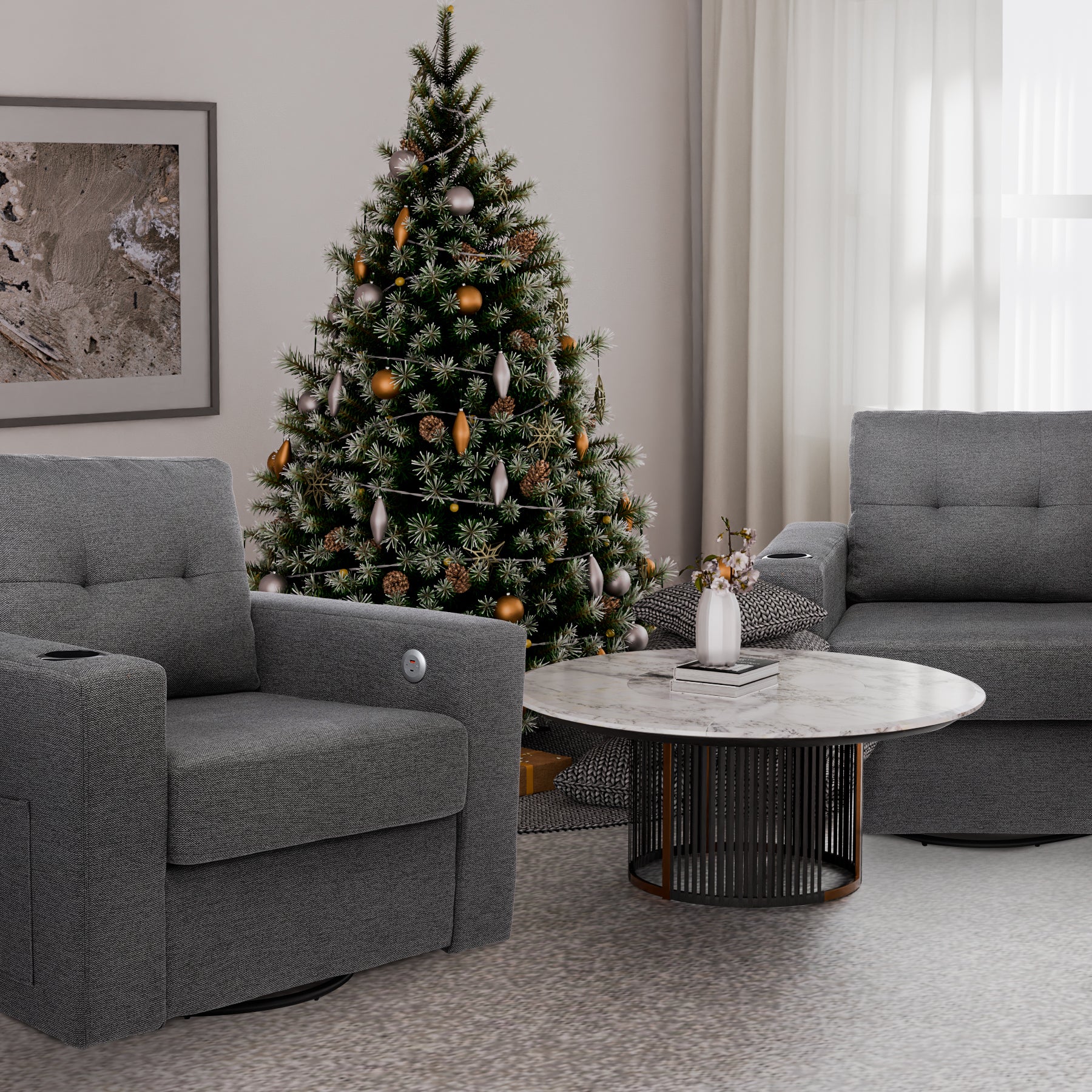 Modern Swivel Accent Sofa Chair, Ergonomic Casual 90 Degree Swivel Single Sofa Seat With Drink Holder Living Room Chair ,Soft Egyptian Velvet Sofa Chair Grey Brown Wood Primary Living Space Delicate Duty Pine 1 Seat Grey Linen Soft Cushion Back Art
