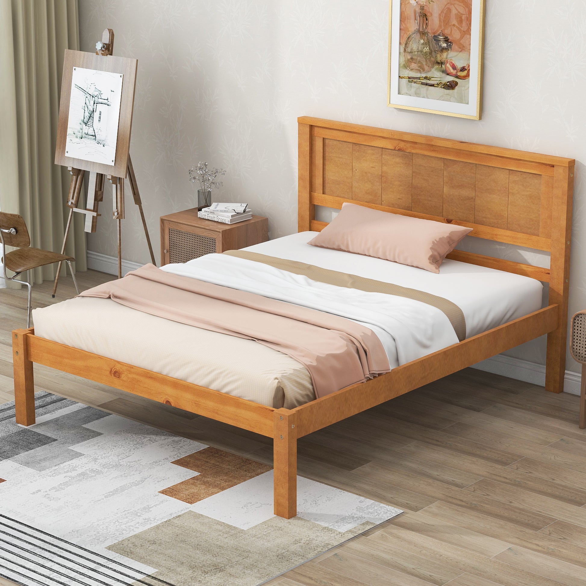 Platform Bed Frame With Headboardwood Slat Supportno Box Spring Needed ,Twin,Oak Twin Oak Wood Pine