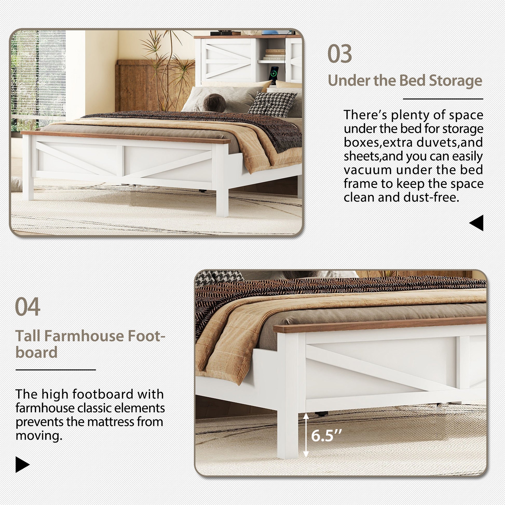 Farmhouse Platform Bed With Double Sliding Barn Door, Full Size Rustic Wood Bed Withcharging Station, Wood Slats Support, White Brown White Particle Board