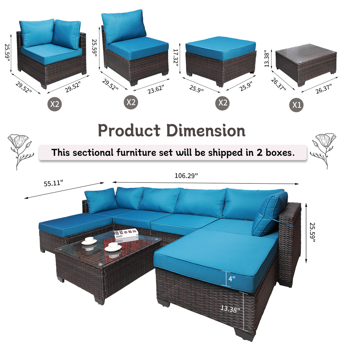 Outdoor Garden Patio Furniture 7 Piece Pe Rattan Wicker Cushioned Sofa Sets And Coffee Table, Patio Furniture Set Outdoor Couch Outdoor Couch Patio Furniture Outdoor Sofa Patio Couch Yes Complete Patio Set Brown Blue Rust Resistant Frame Water Resistant