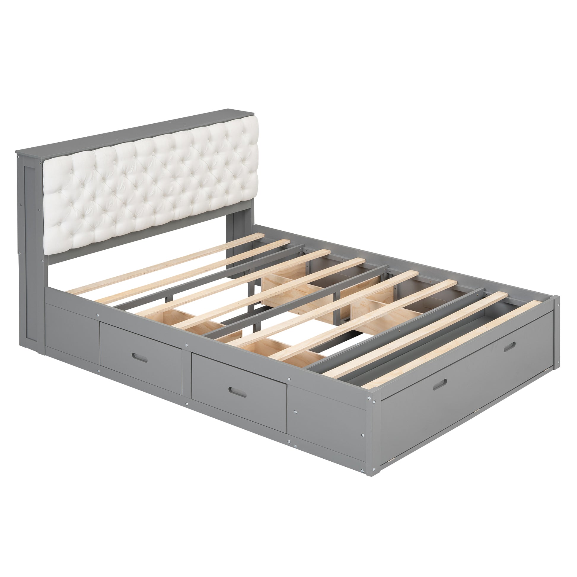 Wood Queen Size Platform Bed With Storage Headboard, Shoe Rack And 4 Drawers,Gray Box Spring Not Required Queen Gray Wood Bedroom Bed Frame Solid Wood Mdf