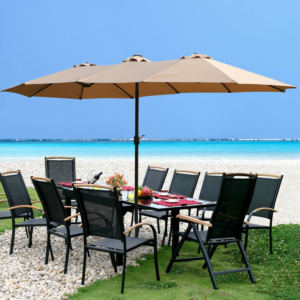 15X9Ft Large Double Sided Rectangular Outdoor Twin Patio Market Umbrella With Light And Base Taupe Taupe Metal