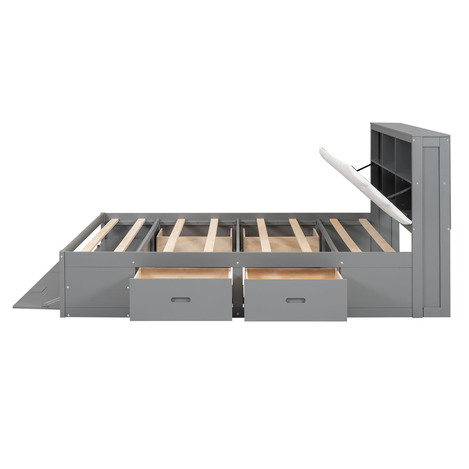 Wood Queen Size Platform Bed With Storage Headboard, Shoe Rack And 4 Drawers,Gray Box Spring Not Required Queen Gray Wood Bedroom Bed Frame Solid Wood Mdf