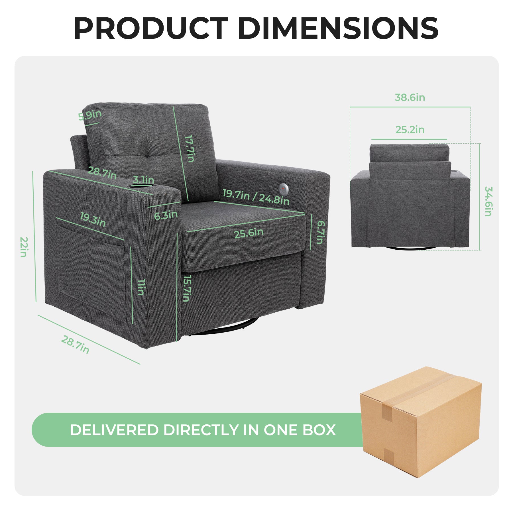 Modern Swivel Accent Sofa Chair, Ergonomic Casual 90 Degree Swivel Single Sofa Seat With Drink Holder Living Room Chair ,Soft Egyptian Velvet Sofa Chair Grey Brown Wood Primary Living Space Delicate Duty Pine 1 Seat Grey Linen Soft Cushion Back Art