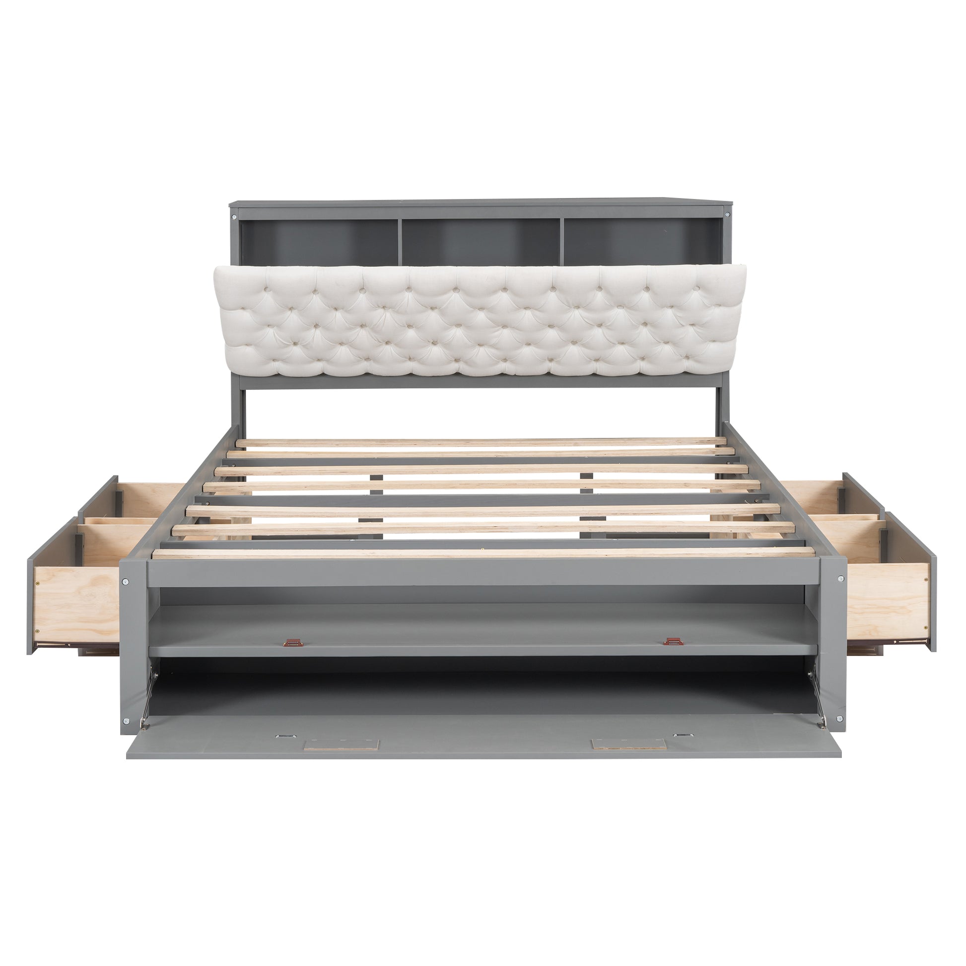 Wood Queen Size Platform Bed With Storage Headboard, Shoe Rack And 4 Drawers,Gray Box Spring Not Required Queen Gray Wood Bedroom Bed Frame Solid Wood Mdf