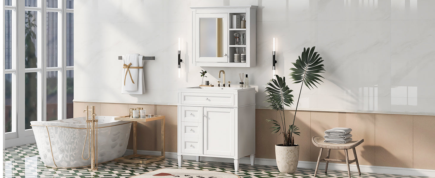 30'' Bathroom Vanity With Top Sink, Modern Bathroom Storage Cabinet With 2 Drawers And A Tip Out Drawer, Freestanding Vanity Set With Mirror Cabinet, Single Sink Bathroom Vanity White Bathroom Solid