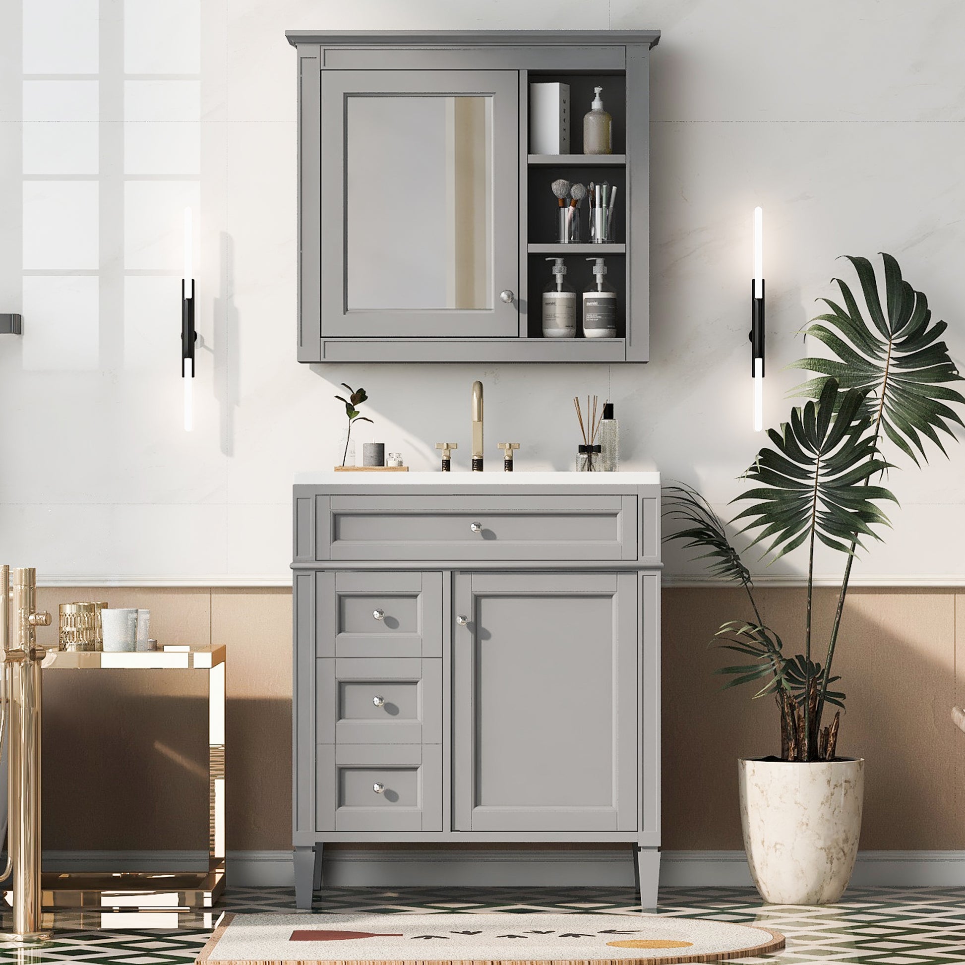 30'' Bathroom Vanity With Top Sink, Modern Bathroom Storage Cabinet With 2 Drawers And A Tip Out Drawer, Freestanding Vanity Set With Mirror Cabinet, Single Sink Bathroom Vanity 3 Grey 2 5 Bathroom Freestanding Solid Wood Mdf Resin Painted