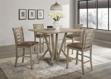 5Pcs Set Counter Table Set Square Counter Table Solid Wood Modern Farmhouse Rustic Look Distressed Look Light Brown Dining Room Fixed Table Rubberwood Square Dining Table With Chair Wood Grayish Brown Ladder Back Seats 4 48 Inches American