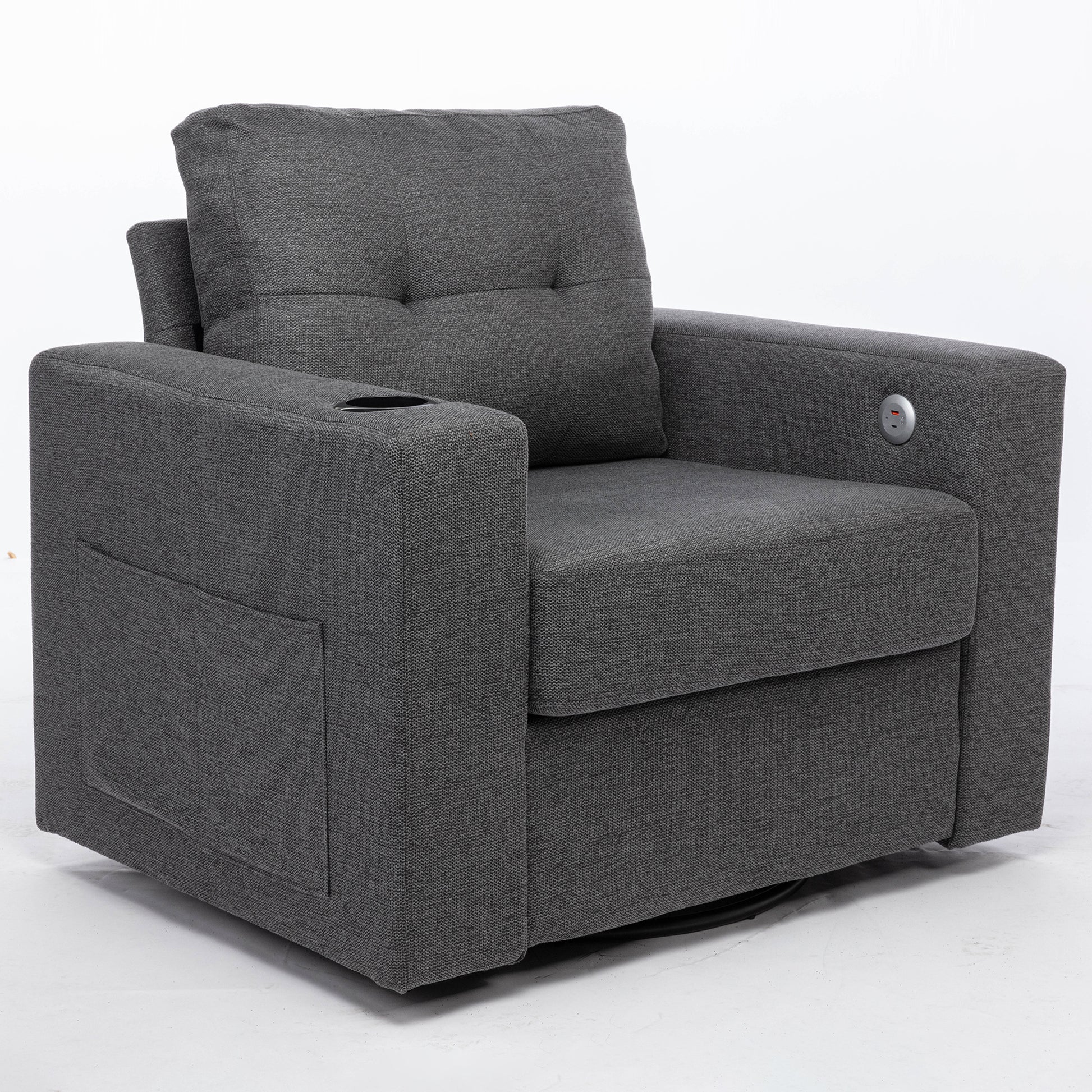 Modern Swivel Accent Sofa Chair, Ergonomic Casual 90 Degree Swivel Single Sofa Seat With Drink Holder Living Room Chair ,Soft Egyptian Velvet Sofa Chair Grey Brown Wood Primary Living Space Delicate Duty Pine 1 Seat Grey Linen Soft Cushion Back Art