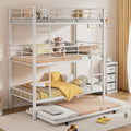 Metal Twin Size Triple Bunk Bed With Trundle, White Antique White Metal