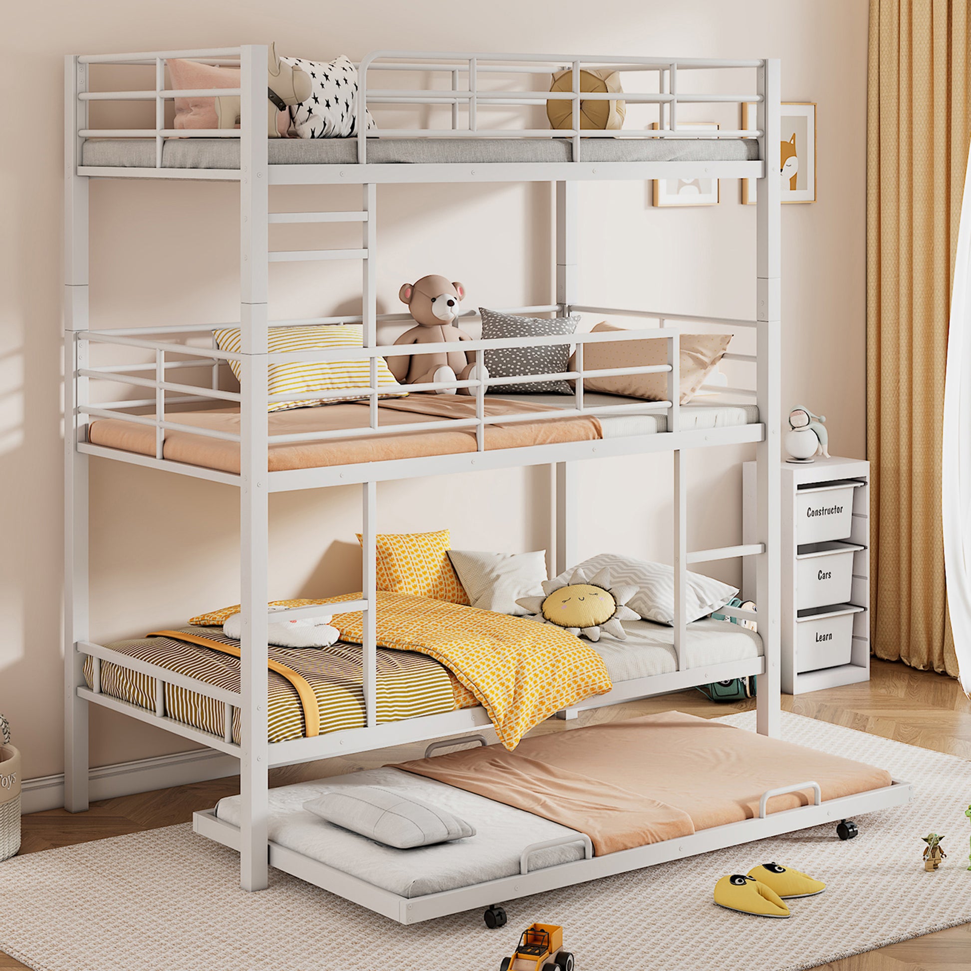 Metal Twin Size Triple Bunk Bed With Trundle, White Antique White Metal
