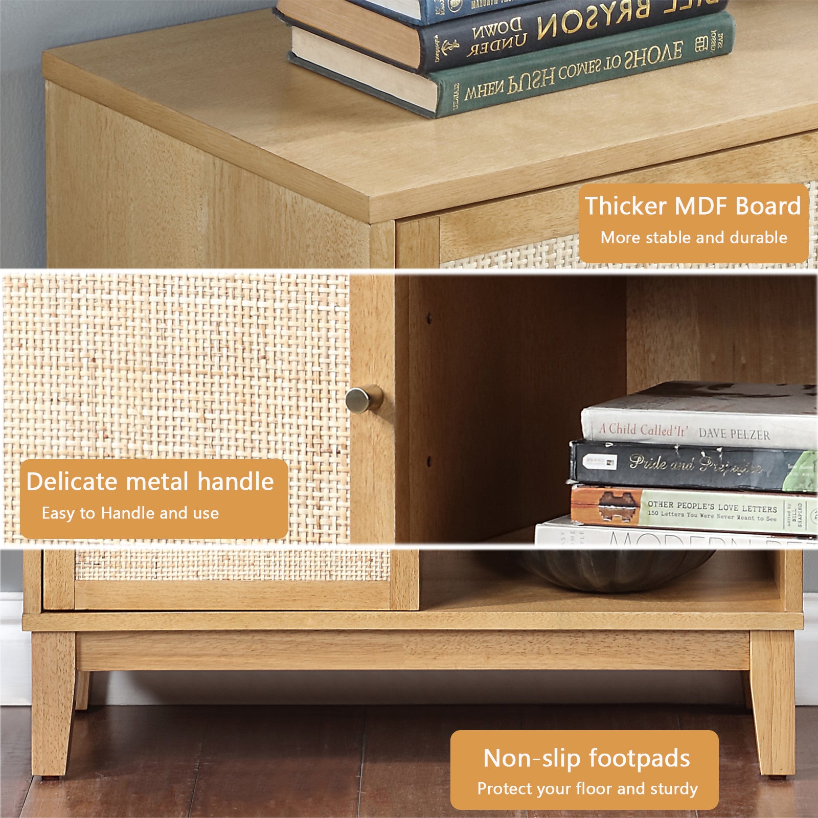 Buffet Cabinet With Storage,Storage Cabinet With Natural Rattan Decorated Doors,Rattan Cabinet With Adjustable Shelf,Sideboard For Living Room,Kitchen,Hallway,1 Doors, Shelf With Storage, Natural Natural Rubber Wood