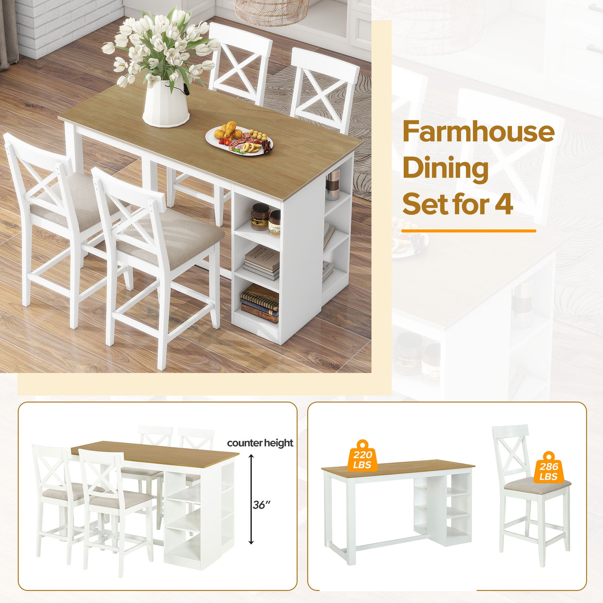 60"Lx30"W Solid Wood Farmhouse Counter Height Dining Table Set With 3 Tier Storage Shelves, Upholstered Dining Chairs For 4, 5 Piece, White Wood Dining Room Solid Wood Rubberwood Rectangular Dining Table With Chair Wood Wood Natural White Seats 4