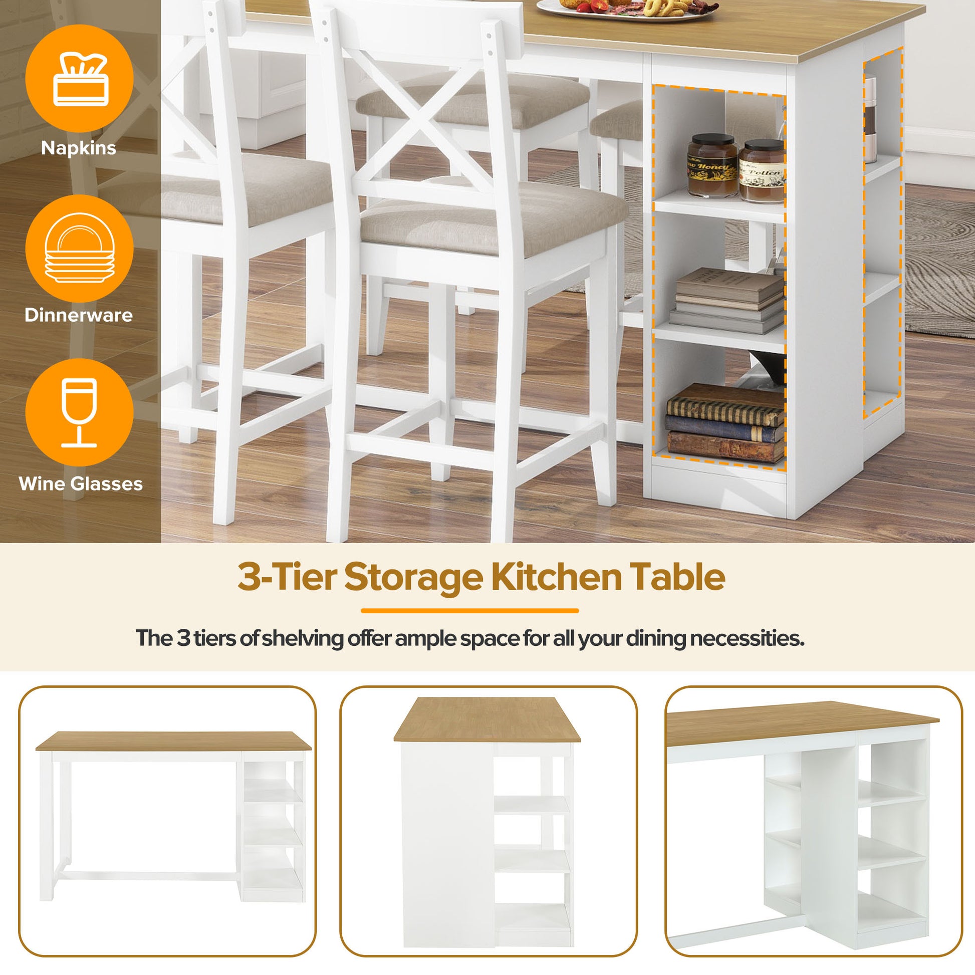 60"Lx30"W Solid Wood Farmhouse Counter Height Dining Table Set With 3 Tier Storage Shelves, Upholstered Dining Chairs For 4, 5 Piece, White Wood Dining Room Solid Wood Rubberwood Rectangular Dining Table With Chair Wood Wood Natural White Seats 4