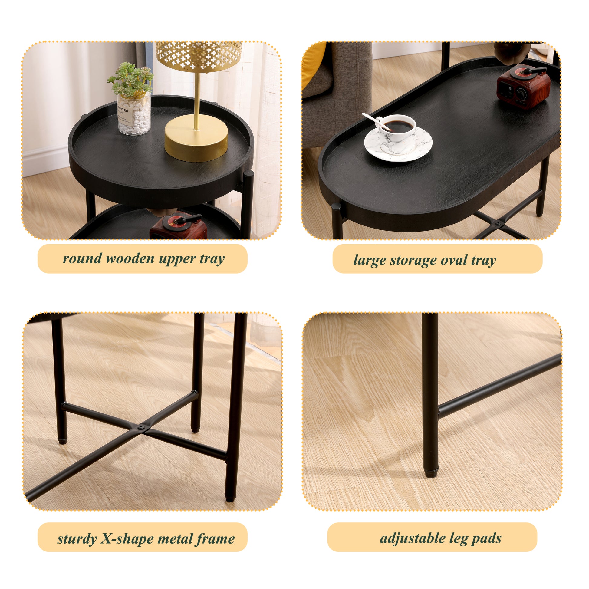 2 Tier Black Side Table With Storage Sofa Table For Living Room Metal Frame & Wooden Desk End Table Black Metal