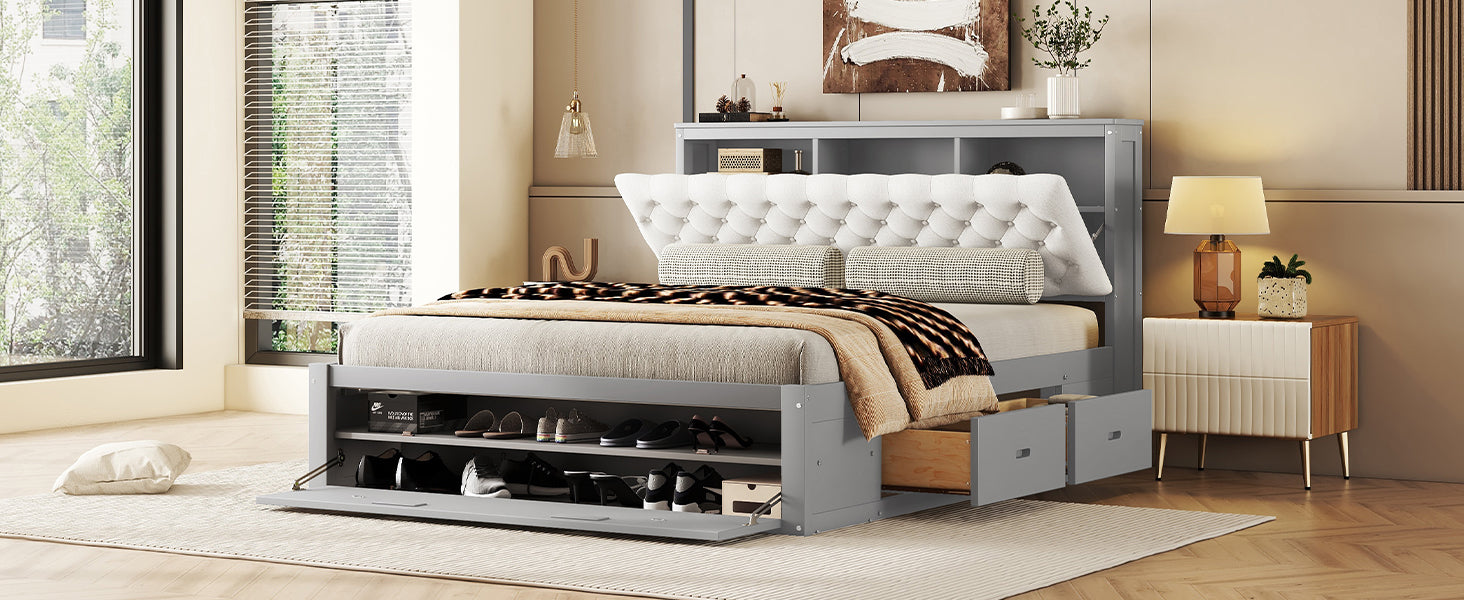 Wood Queen Size Platform Bed With Storage Headboard, Shoe Rack And 4 Drawers,Gray Box Spring Not Required Queen Gray Wood Bedroom Bed Frame Solid Wood Mdf