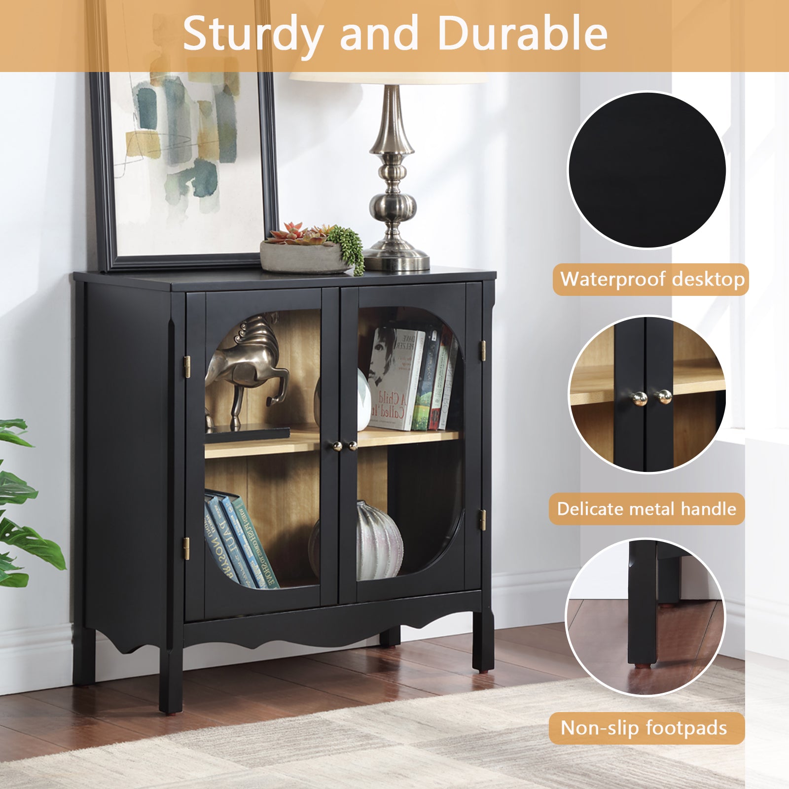 Storage Cabinet,Sideboard Buffet Cabinet,Display Cabinet With 2 Tempered Glass Doors, Adjustable Shelves, For Home Office, Living Room, Bedroom,Black Black Acacia Wood