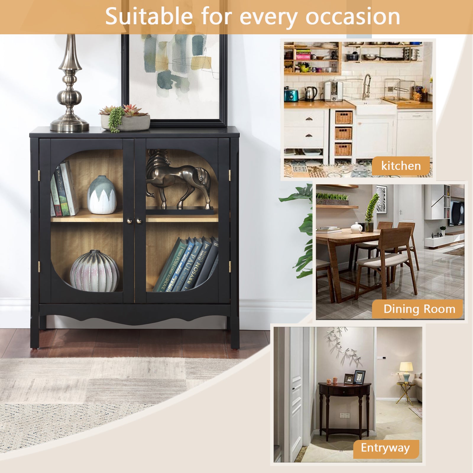 Storage Cabinet,Sideboard Buffet Cabinet,Display Cabinet With 2 Tempered Glass Doors, Adjustable Shelves, For Home Office, Living Room, Bedroom,Black Black Acacia Wood