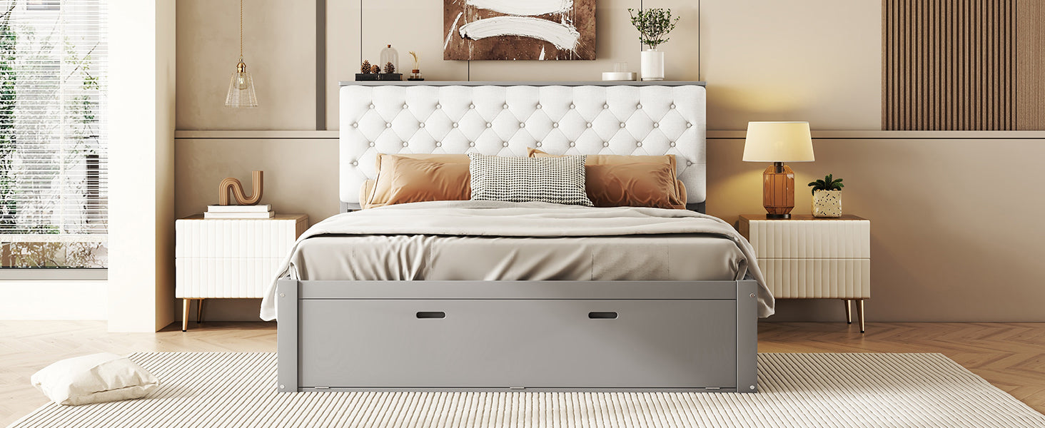 Wood Queen Size Platform Bed With Storage Headboard, Shoe Rack And 4 Drawers,Gray Box Spring Not Required Queen Gray Wood Bedroom Bed Frame Solid Wood Mdf