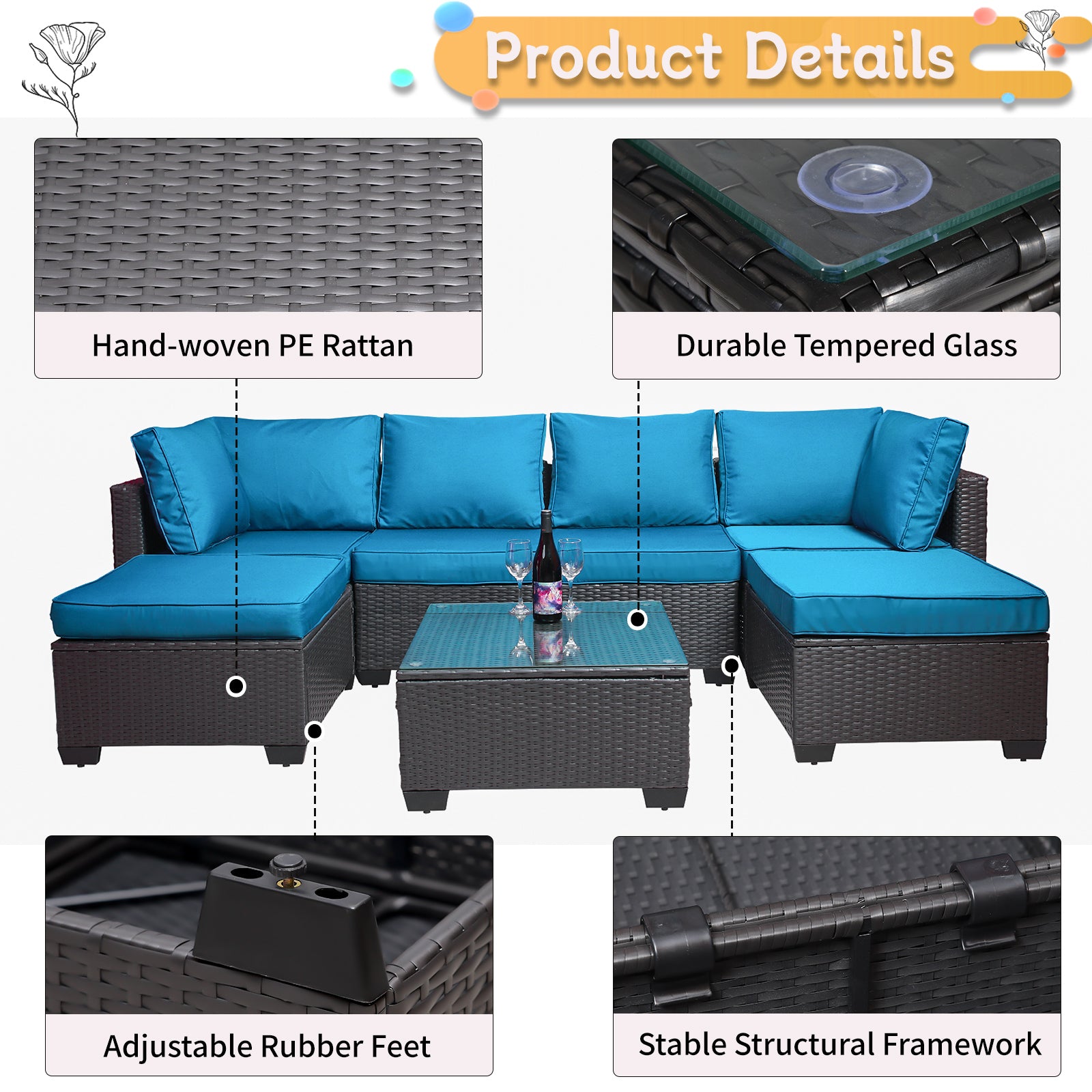 Outdoor Garden Patio Furniture 7 Piece Pe Rattan Wicker Cushioned Sofa Sets And Coffee Table, Patio Furniture Set Outdoor Couch Outdoor Couch Patio Furniture Outdoor Sofa Patio Couch Yes Complete Patio Set Black Blue Rust Resistant Frame Water Resistant