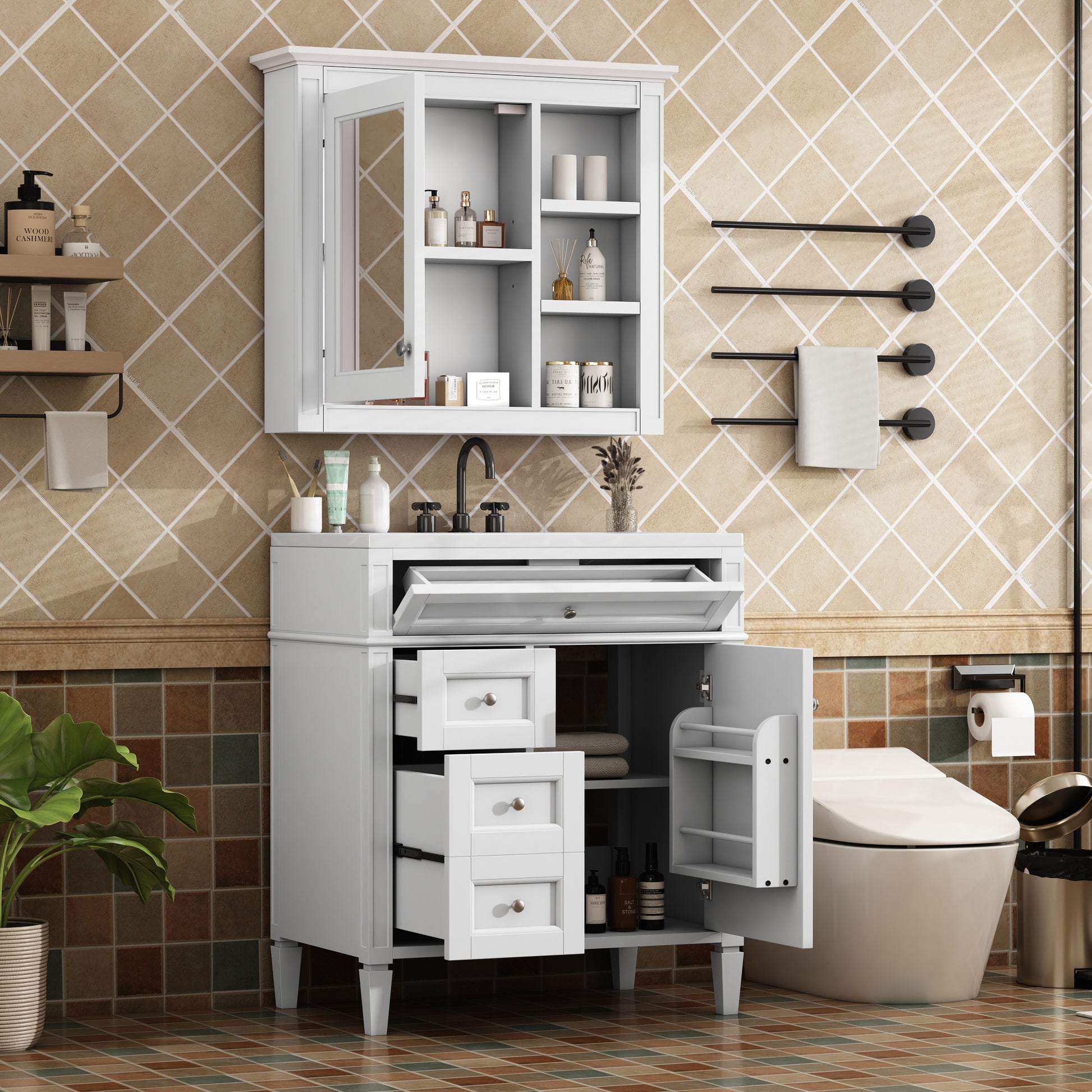 30'' Bathroom Vanity With Top Sink, Modern Bathroom Storage Cabinet With 2 Drawers And A Tip Out Drawer, Freestanding Vanity Set With Mirror Cabinet, Single Sink Bathroom Vanity White Bathroom Solid