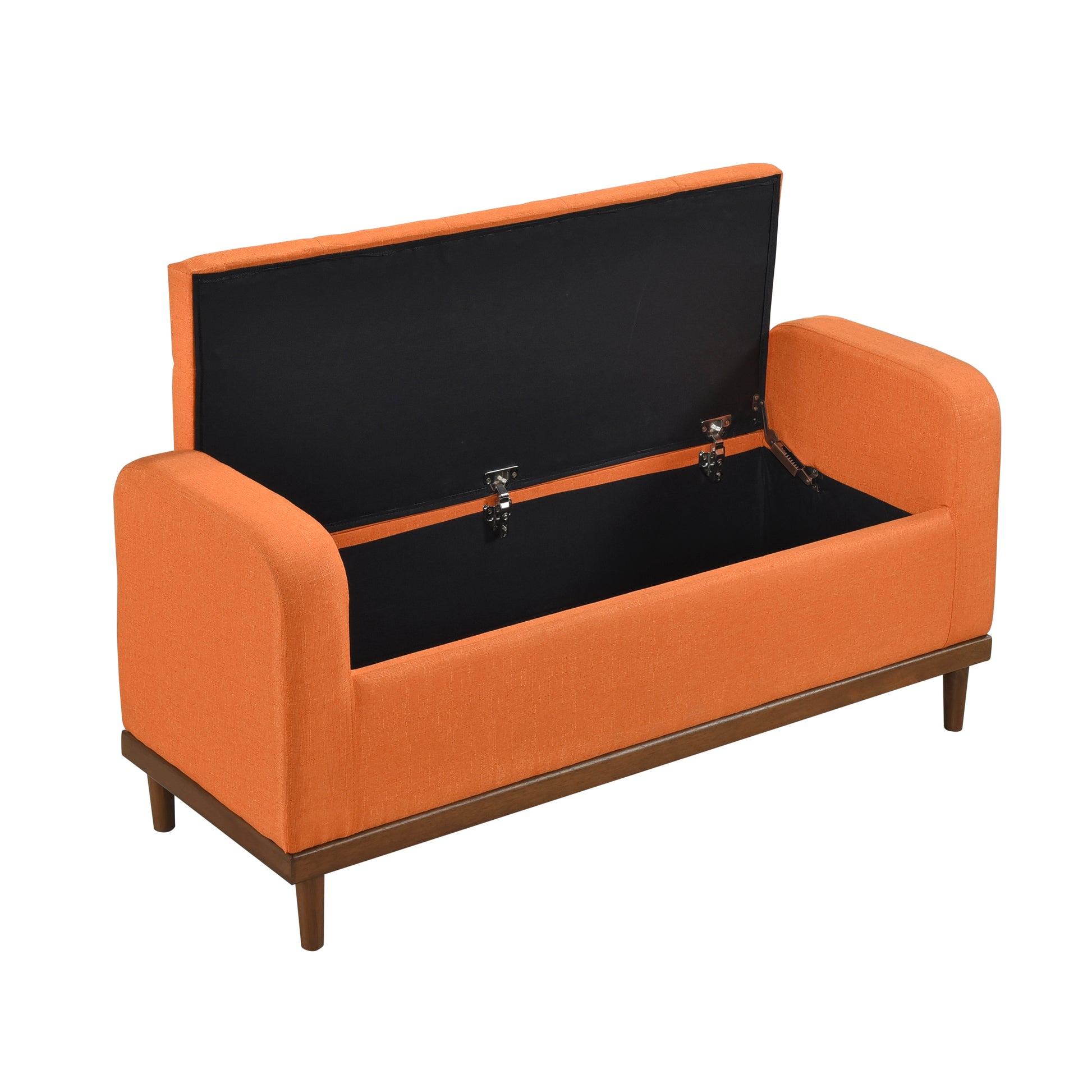 Mid Century Modern Lift Top Storage Bench 1Pc Tufted Orange Upholstered Solid Wood Walnut Finish Wooden Furniture Orange Bedroom Mid Century Modern Flip Top Wood