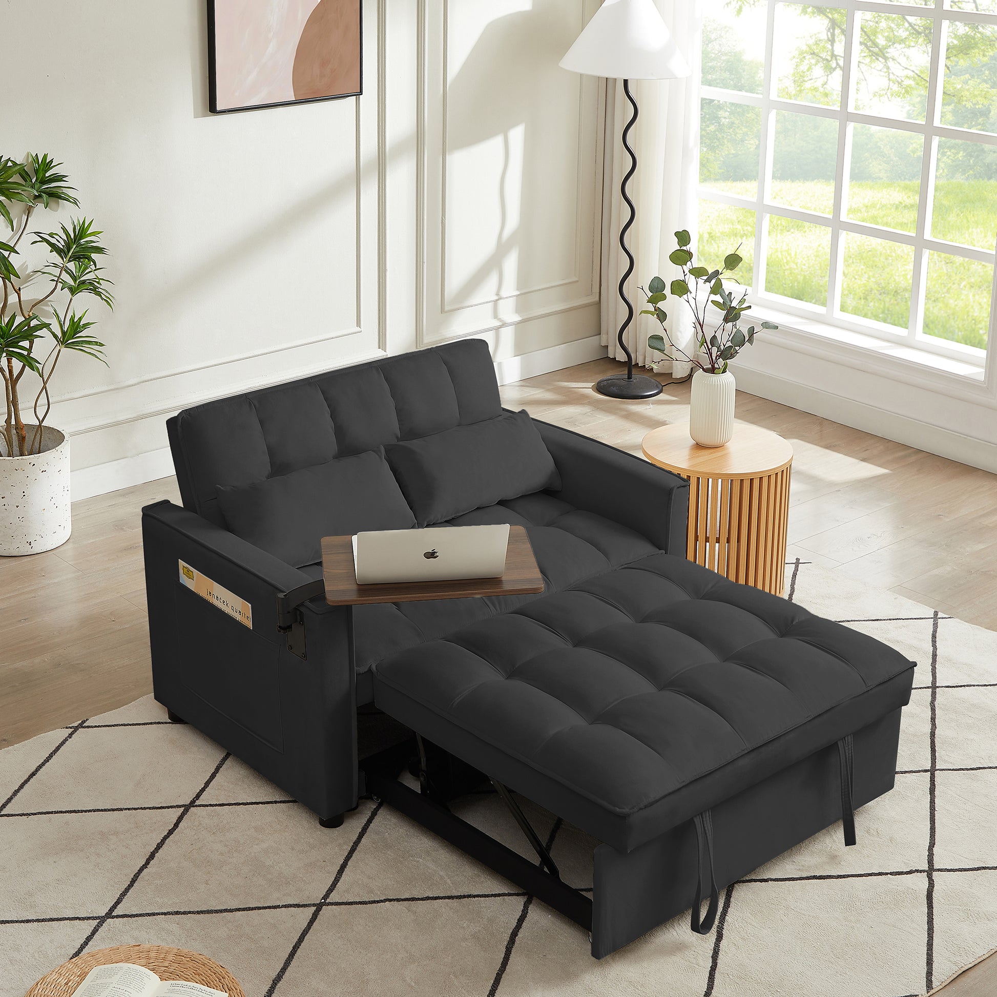 Black Velvet Loveseat Sofa Bed Black Wood Tufted Back Square Arms Foam Velvet 2 Seat