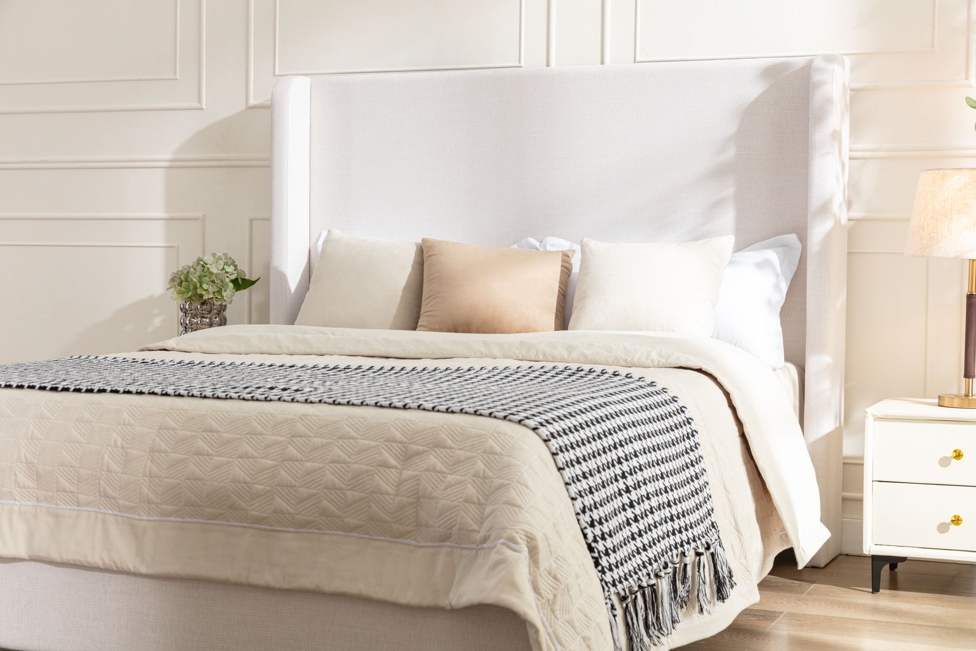 Harper Tall Headboard Upholstered Bed 54" High Headboard Elegant Simplicity No Box Spring Needed Easy Assembly Queen Textured Ivory Canvas Box Spring Not Required Queen Ivory Metal Brown Bedroom Contemporary Oak Bed Frame Foam Chenille Fabric Metal