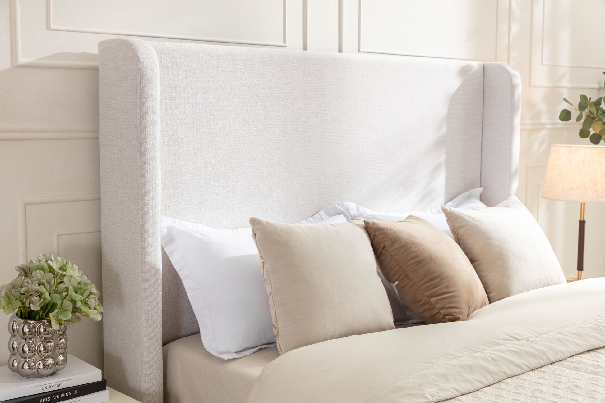 Harper Tall Headboard Upholstered Bed 54" High Headboard Elegant Simplicity No Box Spring Needed Easy Assembly Queen Textured Ivory Canvas Box Spring Not Required Queen Ivory Metal Brown Bedroom Contemporary Oak Bed Frame Foam Chenille Fabric Metal