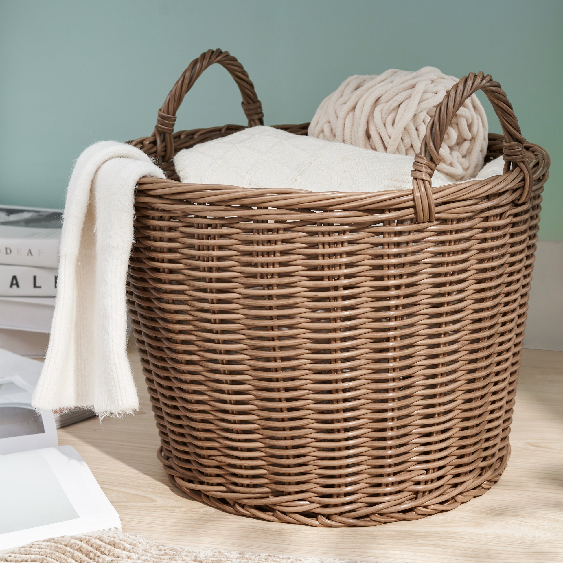Joseph Round Cone Woven Resin Wicker Basket With Handles 16" X 16" X 14.5" Chocolate Brown For Clothes, Towels, Canvas, Toys, Magazine Storage And Home Decoration Walnut Brown Wicker Wicker