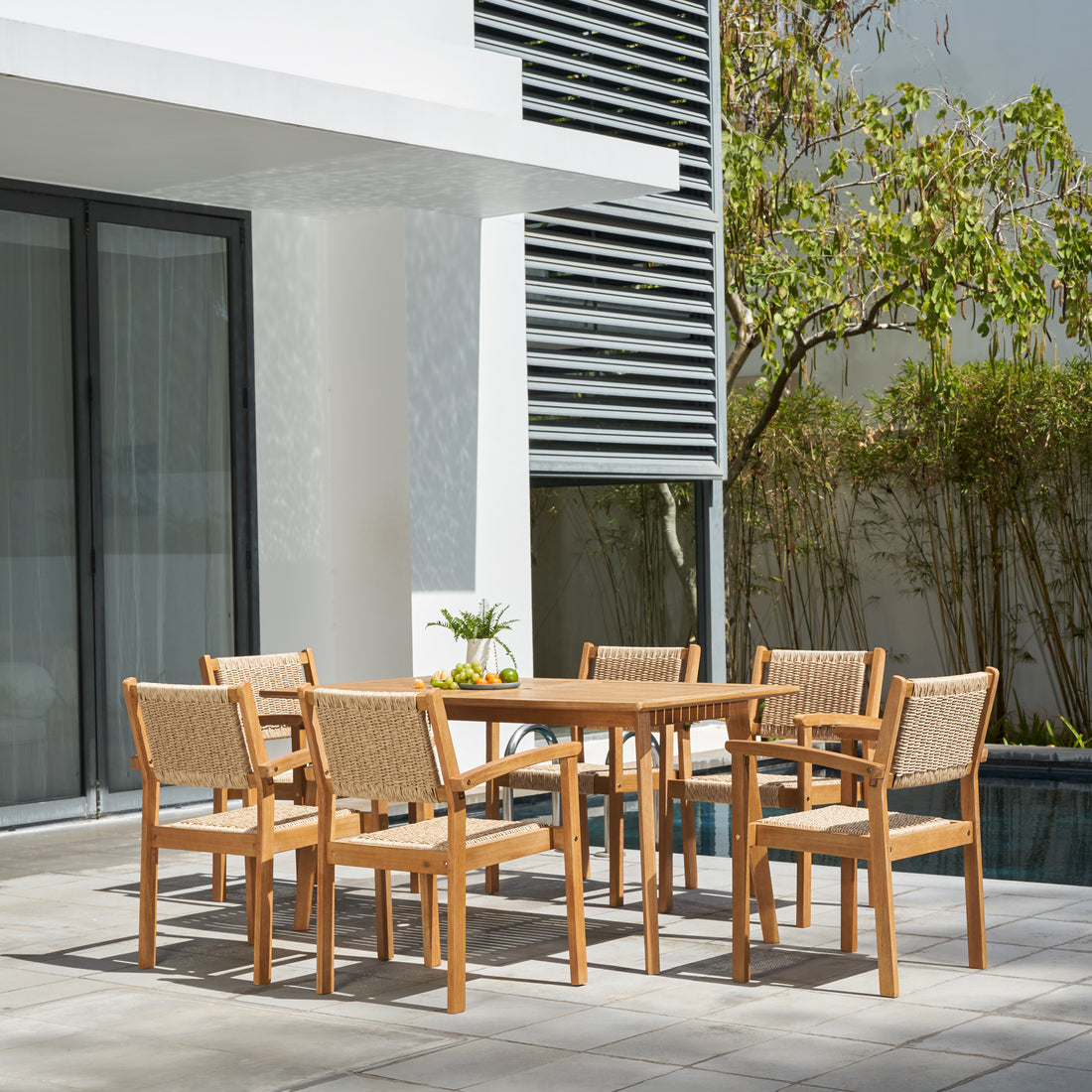 Mauricio 7 Piece Acacia Wood Dining Set With Stacking Chair Natural & Light Brown Acacia Wood