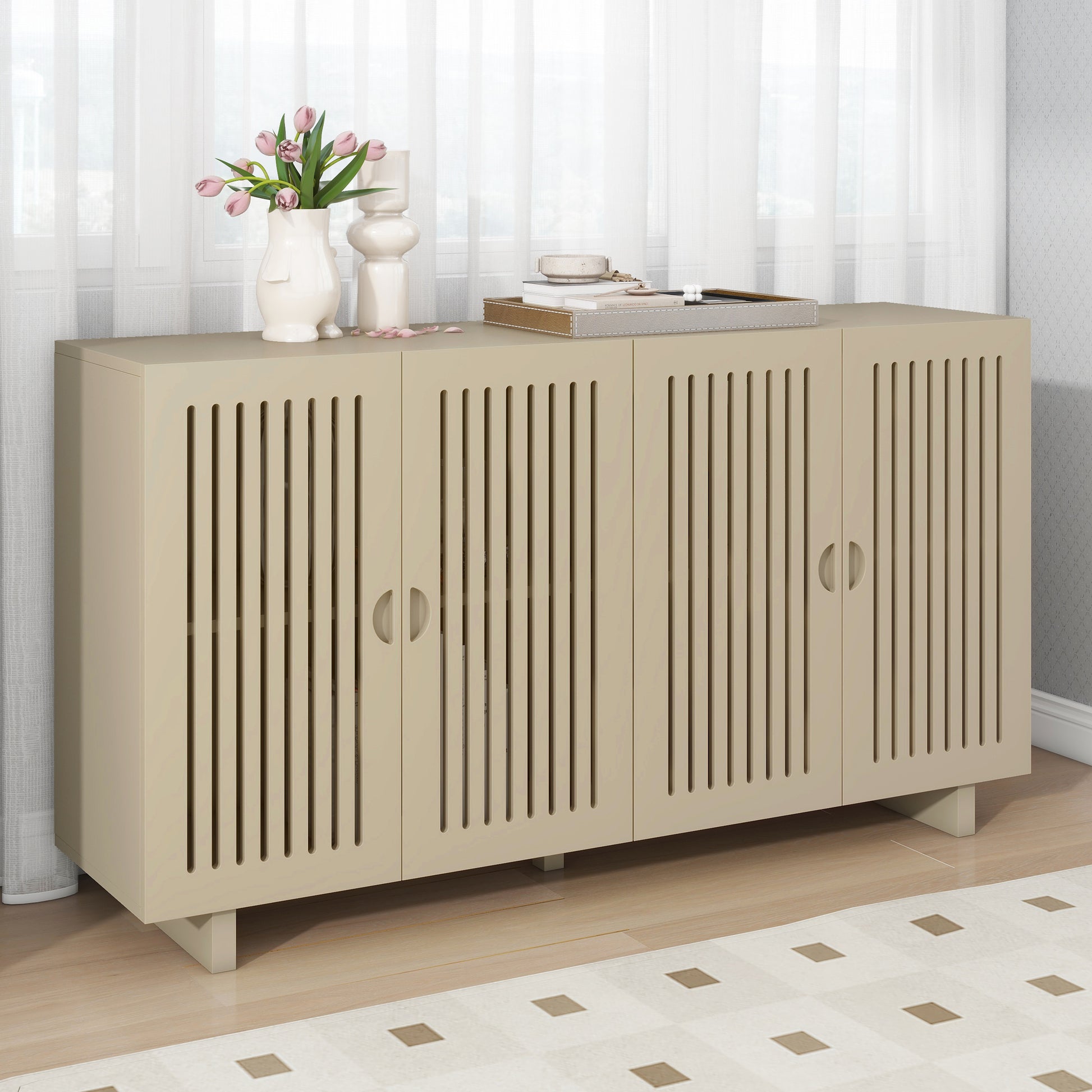 Modern Style Sideboard With Superior Storage Space, Hollow Door Design And 2 Adjustable Shelves For Living Room And Dining Room Almond Almond Dining Room Adjustabel Shelves Mdf