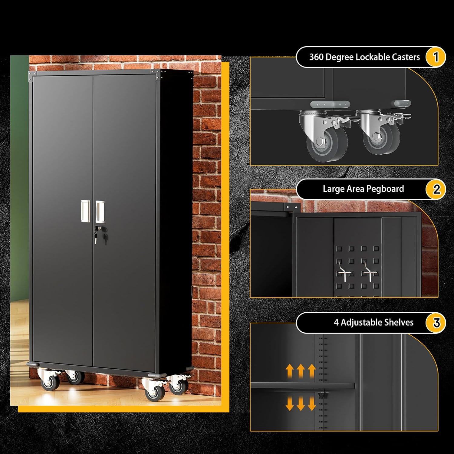 Veripco Garage Storage Cabinets With Locking Doors And 4 Adjustable Shelves, Metal Storage Cabinets With Wheels For Garage, Office, Kitchen, Laundry&Utility Room Filing Cabinets 3 4 Shelves Powder Coated Black Office Adjustable Shelves Metal