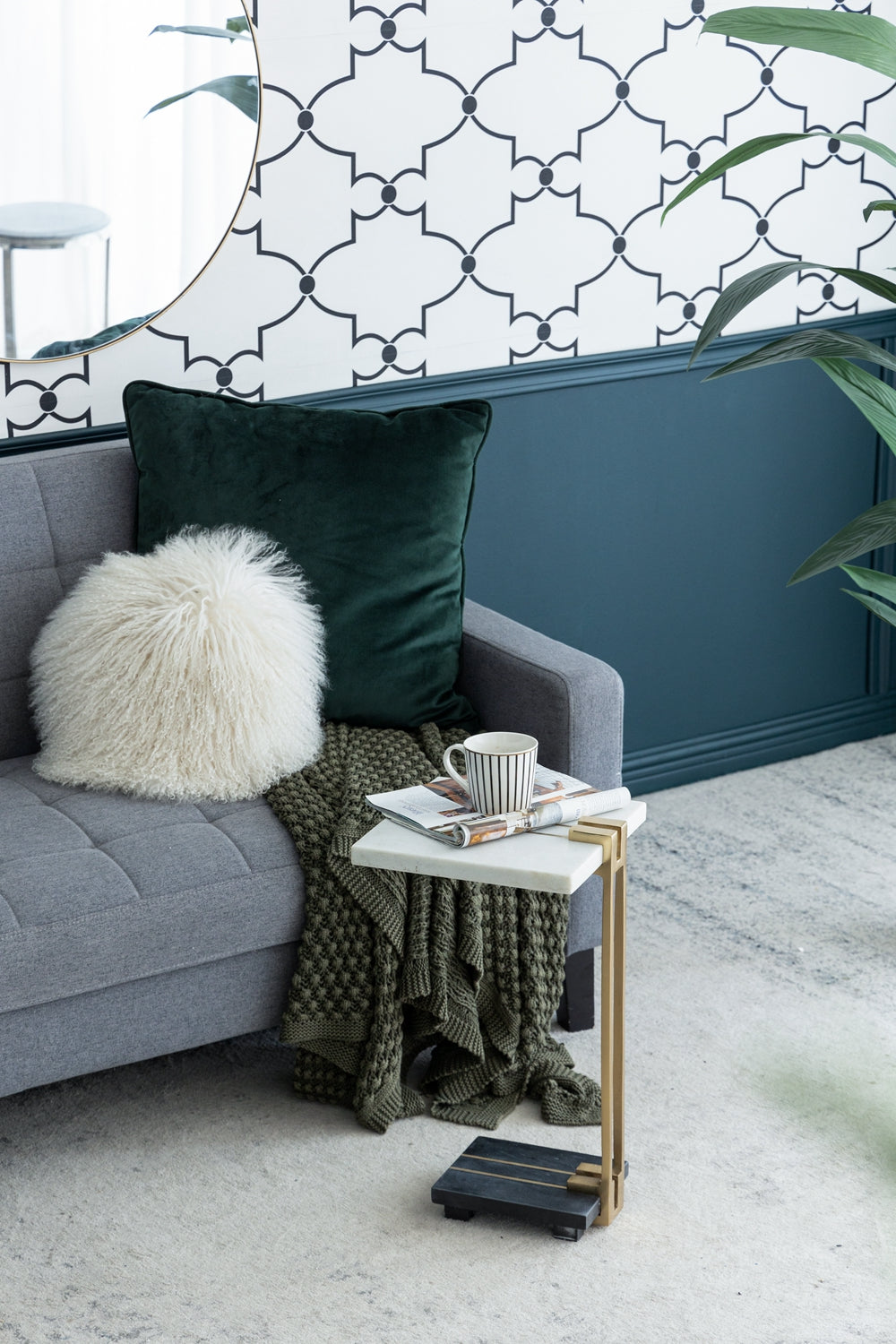 12.5X12X22" Aluminum And Marble C Shaped Side Table, White Gold Black, Artistic Accent Table For Living Room Entryway Bedroom Gold Primary Living Space Art Deco,Luxury,Modern Marble Metal