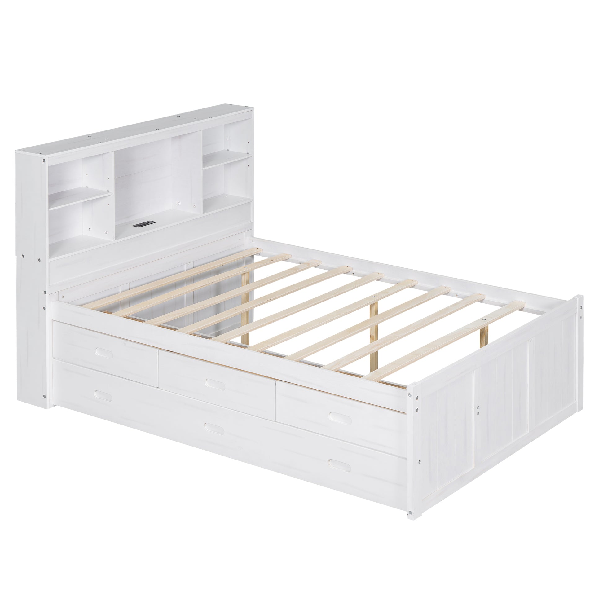 Full Size Platform Bed With Storage Headboard, Charging Station, Twin Size Trundle And 3 Drawers, Antique White Box Spring Not Required Twin Antique White Wood Bedroom Bed Frame Solid Wood Mdf