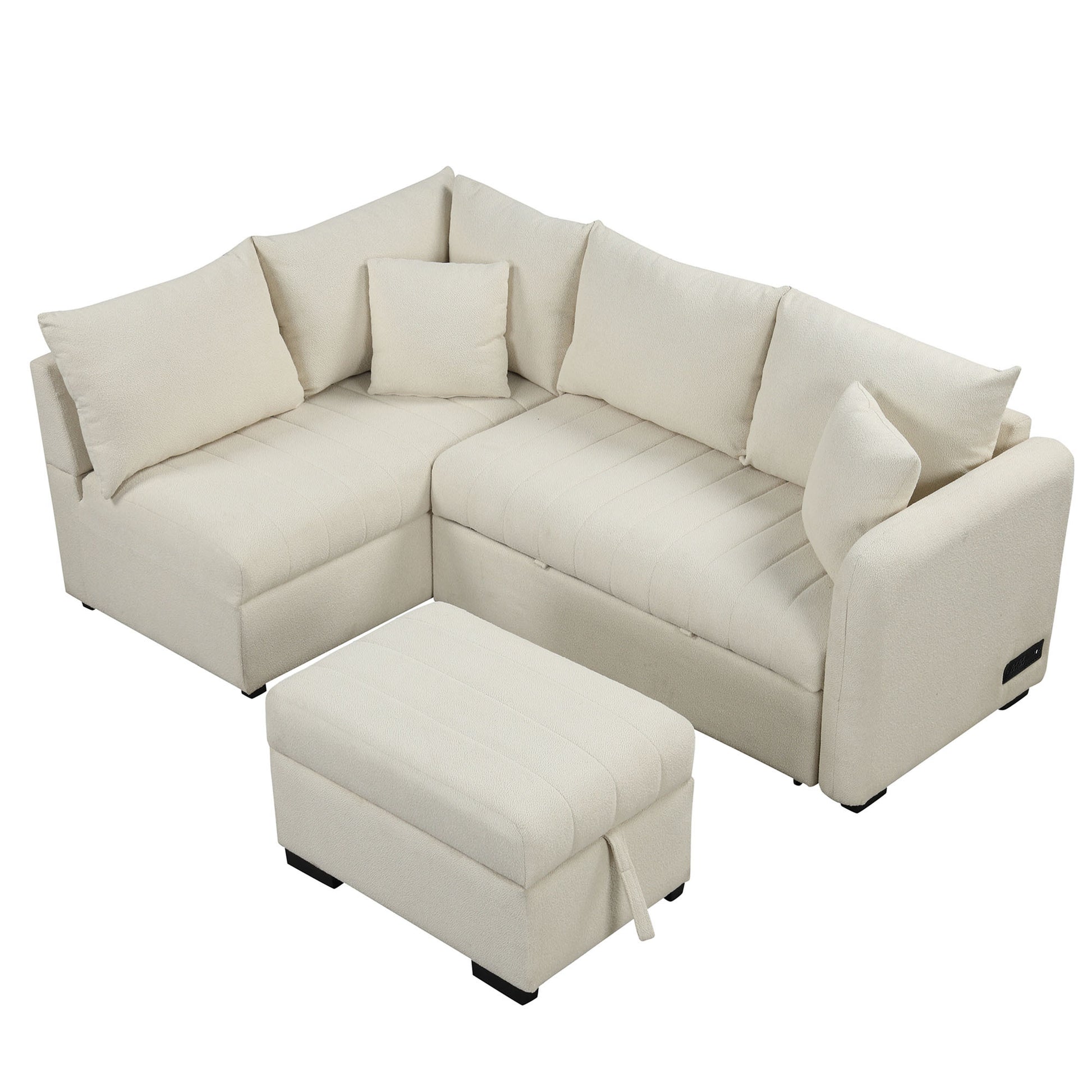 82.6" L Shaped Sectional Pull Out Sofa Bed Sleeper Sofa With Two Usb Ports, Two Power Sockets And A Movable Storage Ottoman, Beige Beige Foam Polyester