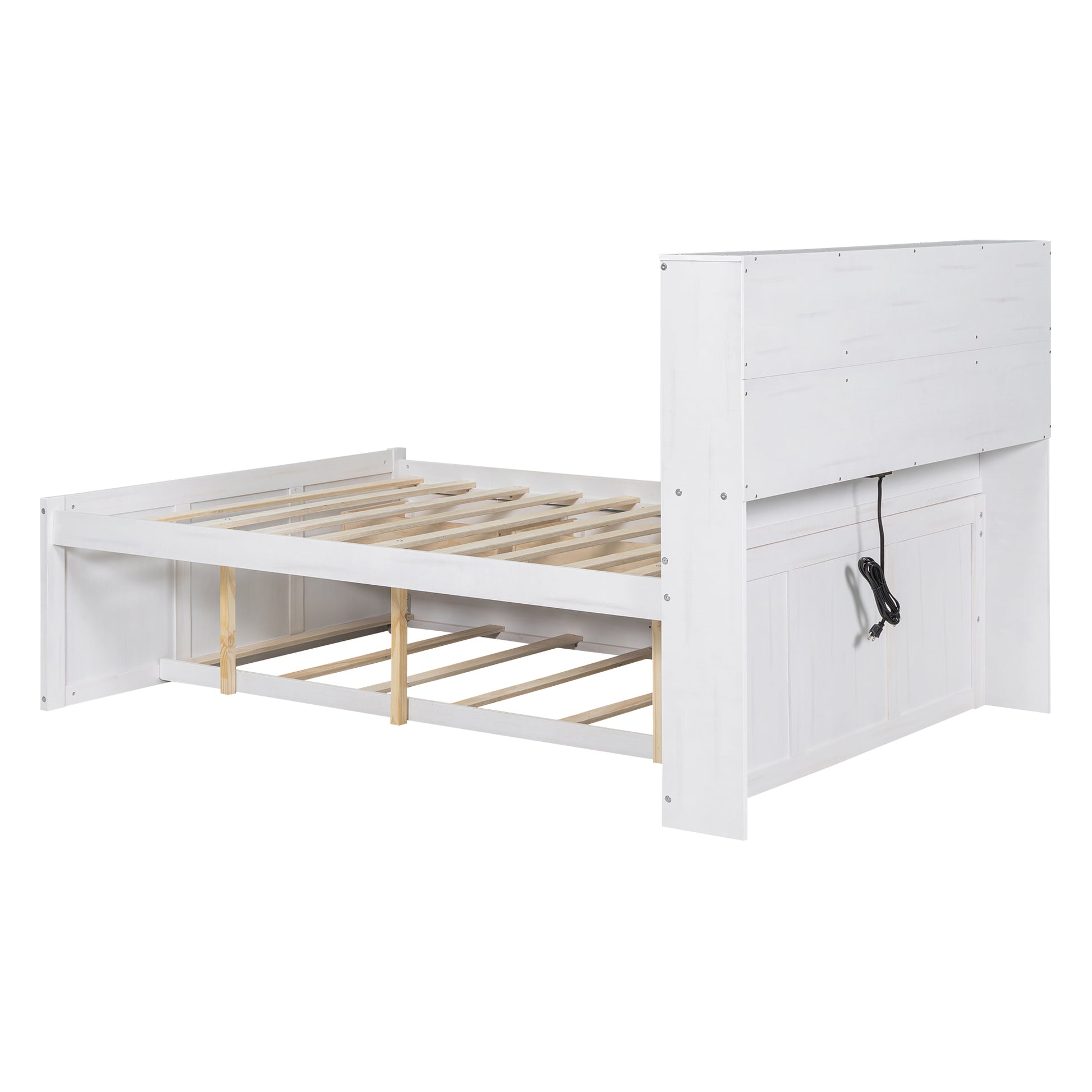 Full Size Platform Bed With Storage Headboard, Charging Station, Twin Size Trundle And 3 Drawers, Antique White Box Spring Not Required Twin Antique White Wood Bedroom Bed Frame Solid Wood Mdf