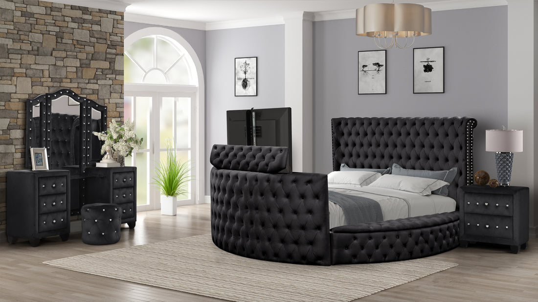 Crystal Tufted Queen 4 Pc Vanity Bedroom Set Made With Wood In Black Box Spring Not Required Queen Black Wood 4 Piece Set Bedroom Modern Upholstered Tufted Wood