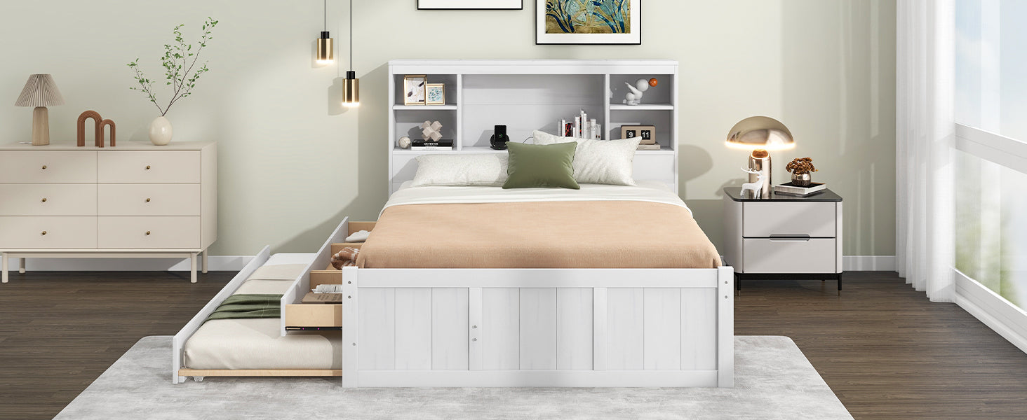Full Size Platform Bed With Storage Headboard, Charging Station, Twin Size Trundle And 3 Drawers, Antique White Box Spring Not Required Twin Antique White Wood Bedroom Bed Frame Solid Wood Mdf